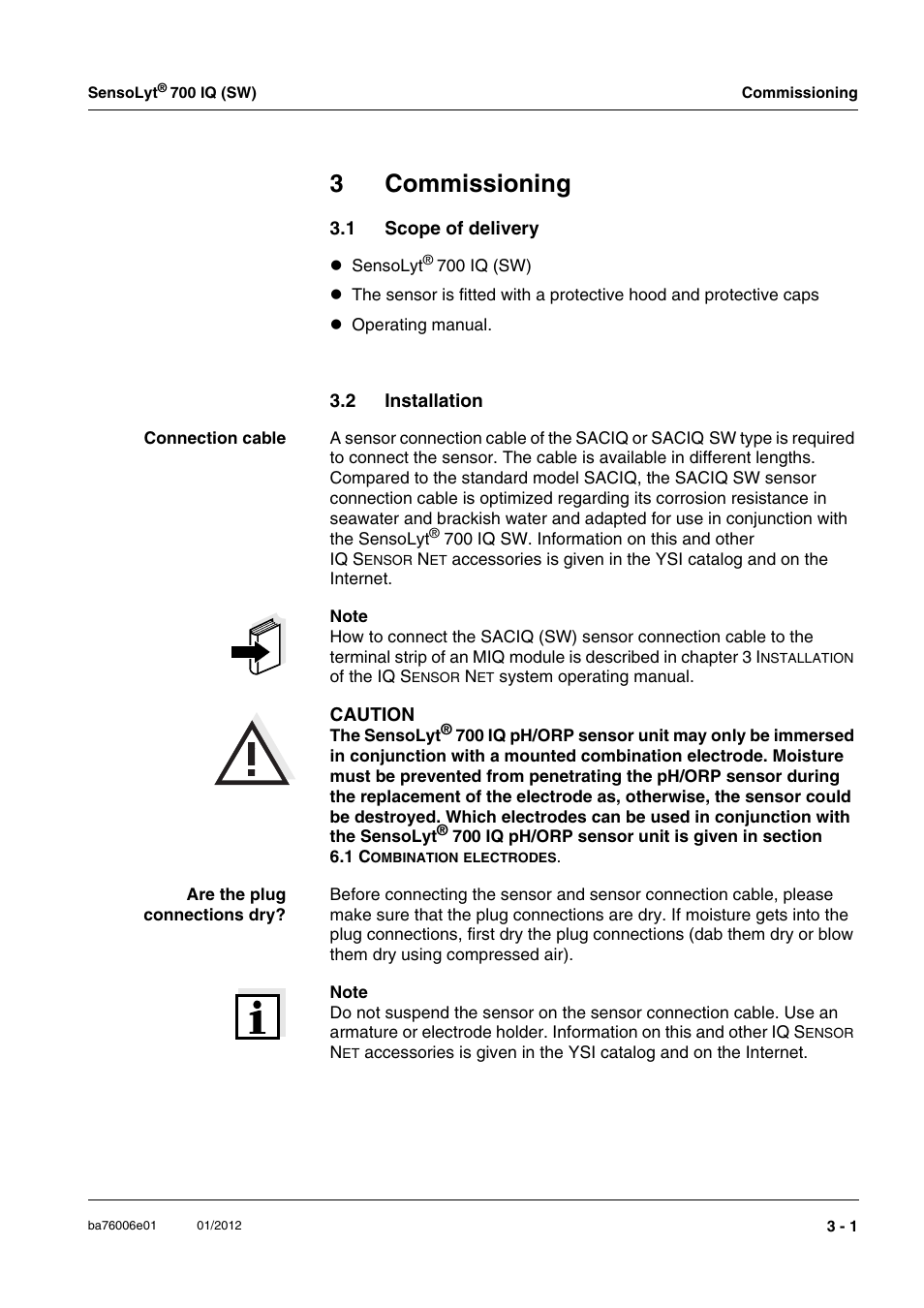 3 commissioning, 1 scope of delivery, 2 installation | Commissioning -1, Scope of delivery -1, Installation -1, 3commissioning | YSI IQ SensorNet SensoLyt Sensor 700 IQ (SW) User Manual | Page 11 / 46