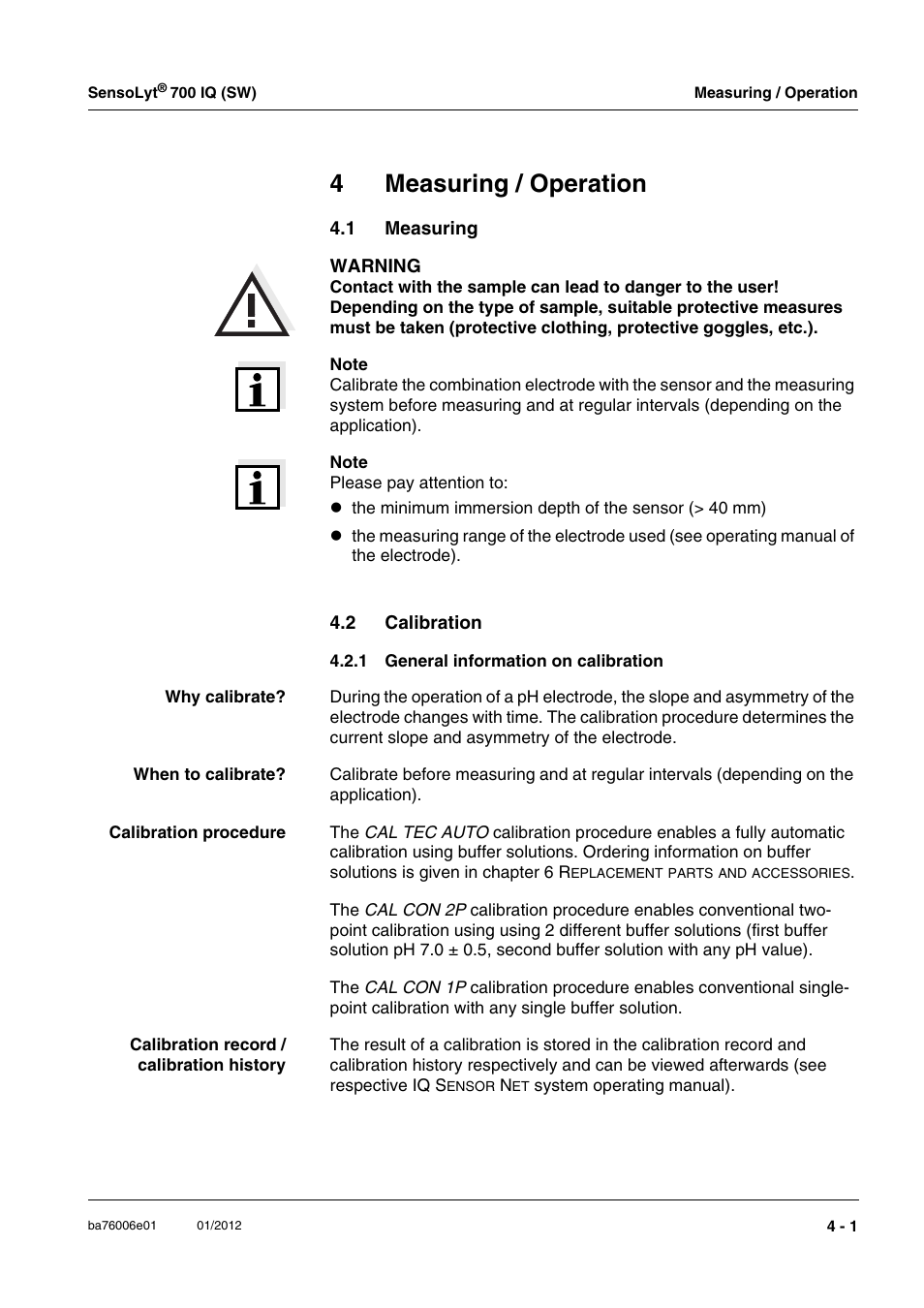 4 measuring / operation, 1 measuring, 2 calibration | 1 general information on calibration, Measuring / operation -1, Measuring -1, Calibration -1 4.2.1, General information on calibration -1, 4measuring / operation | YSI IQ SensorNet SensoLyt Sensor 700 IQ (SW) User Manual | Page 19 / 46