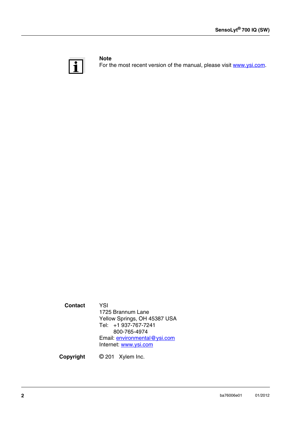 YSI IQ SensorNet SensoLyt Sensor 700 IQ (SW) User Manual | Page 2 / 46