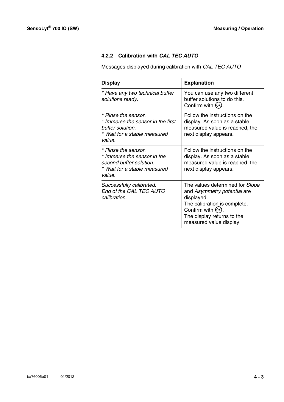 2 calibration with cal tec auto, Calibration with cal te | YSI IQ SensorNet SensoLyt Sensor 700 IQ (SW) User Manual | Page 21 / 46