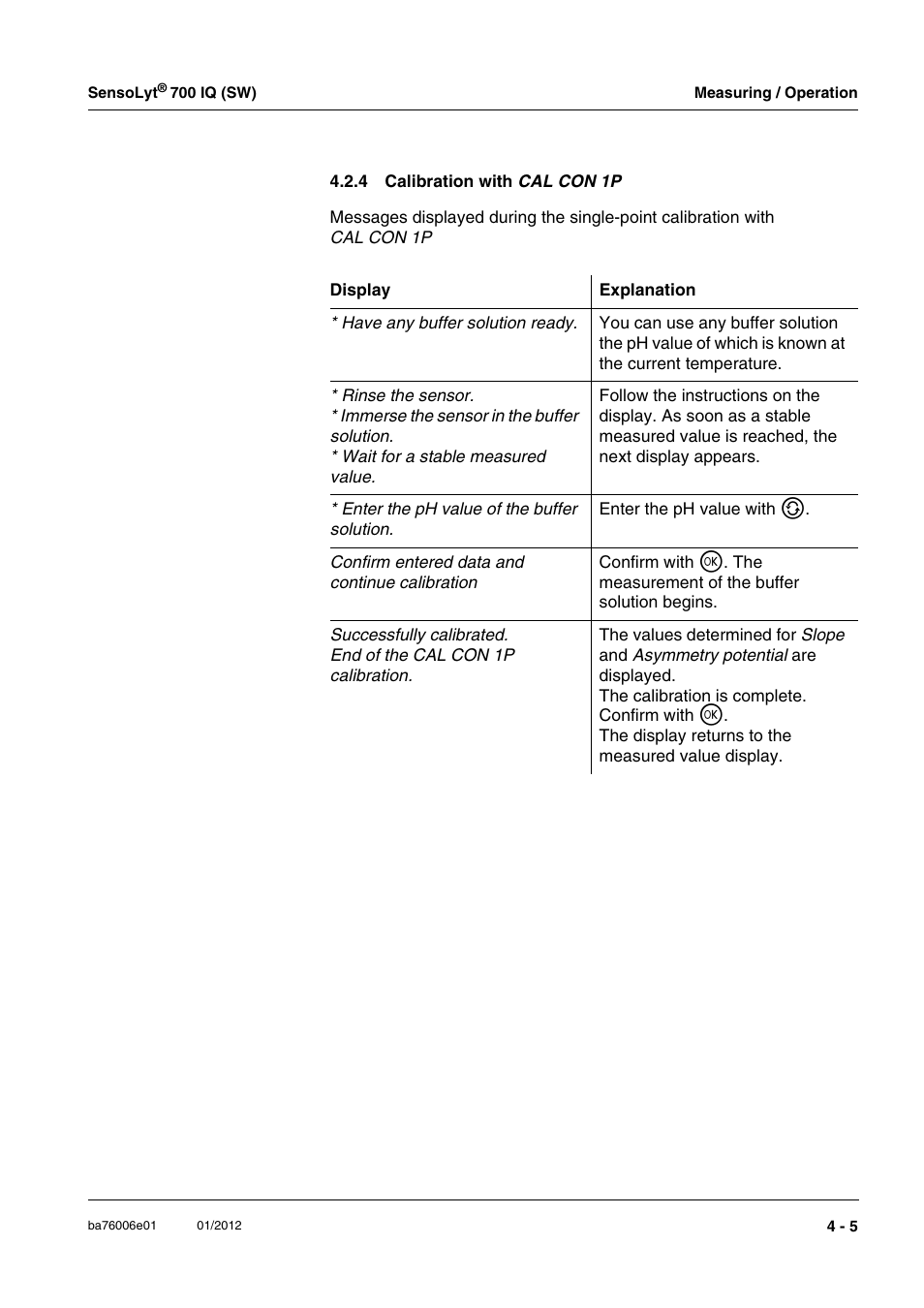 4 calibration with cal con 1p, Calibration with cal con 1p | YSI IQ SensorNet SensoLyt Sensor 700 IQ (SW) User Manual | Page 23 / 46