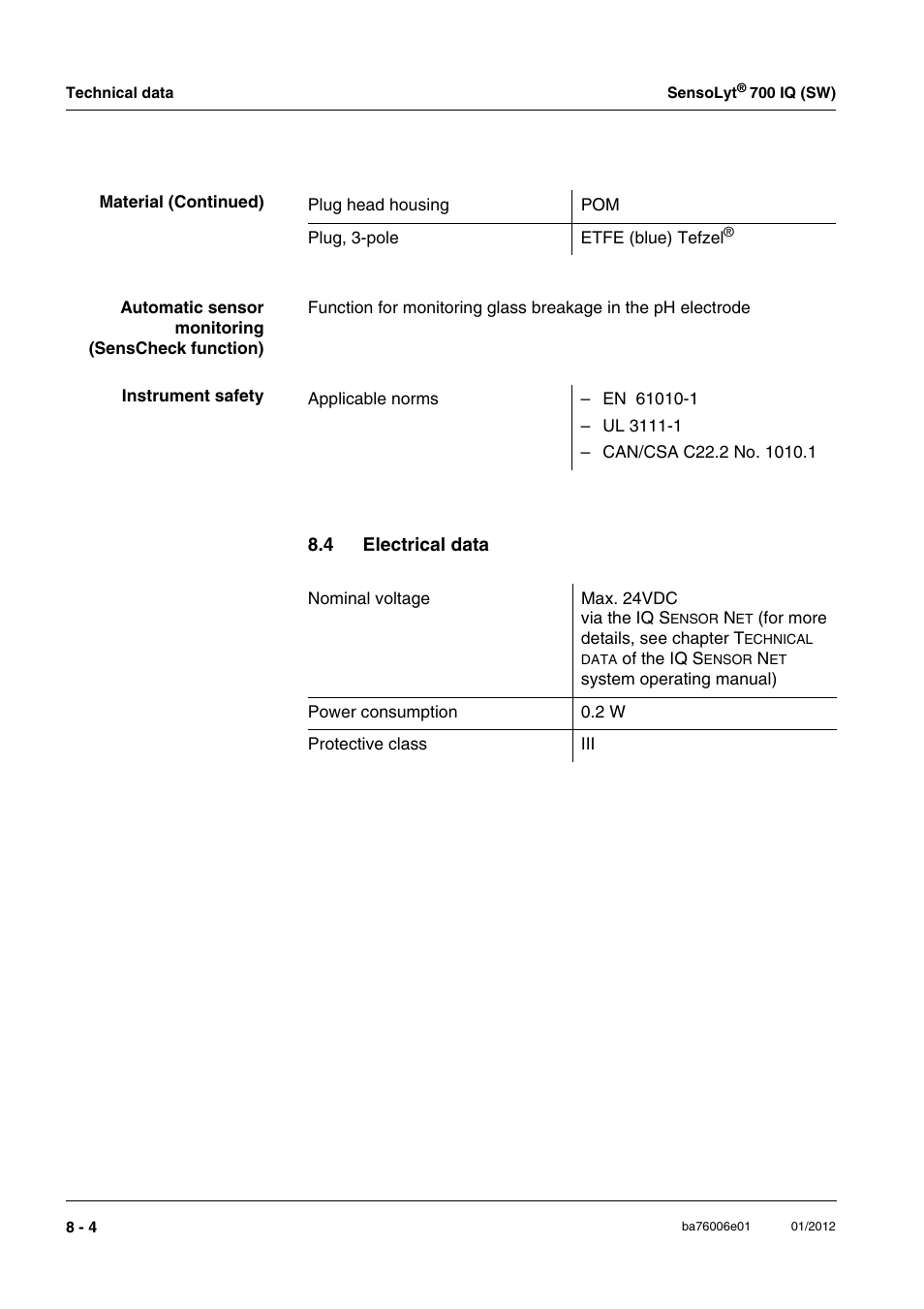 4 electrical data, Electrical data -4 | YSI IQ SensorNet SensoLyt Sensor 700 IQ (SW) User Manual | Page 38 / 46