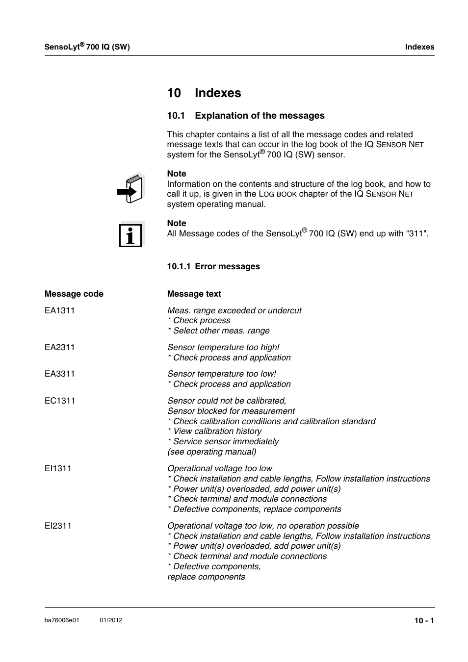 10 indexes, 1 explanation of the messages, 1 error messages | 10 indexes -1, 1 explanation of the messages -1, 1 error messages -1 | YSI IQ SensorNet SensoLyt Sensor 700 IQ (SW) User Manual | Page 41 / 46