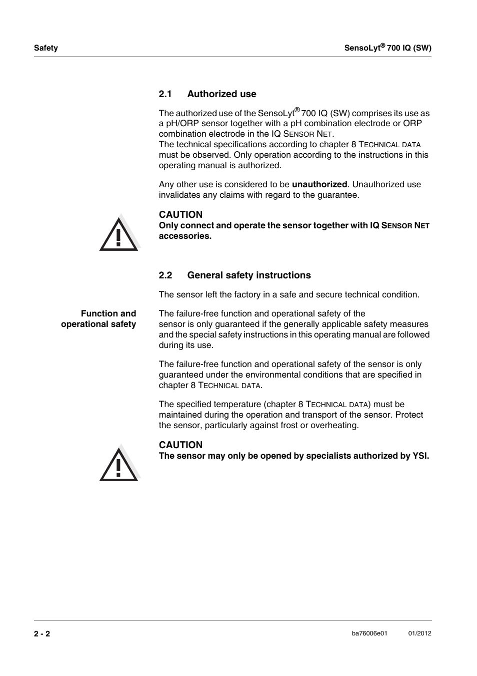 1 authorized use, 2 general safety instructions, Authorized use -2 | General safety instructions -2 | YSI IQ SensorNet SensoLyt Sensor 700 IQ (SW) User Manual | Page 8 / 46