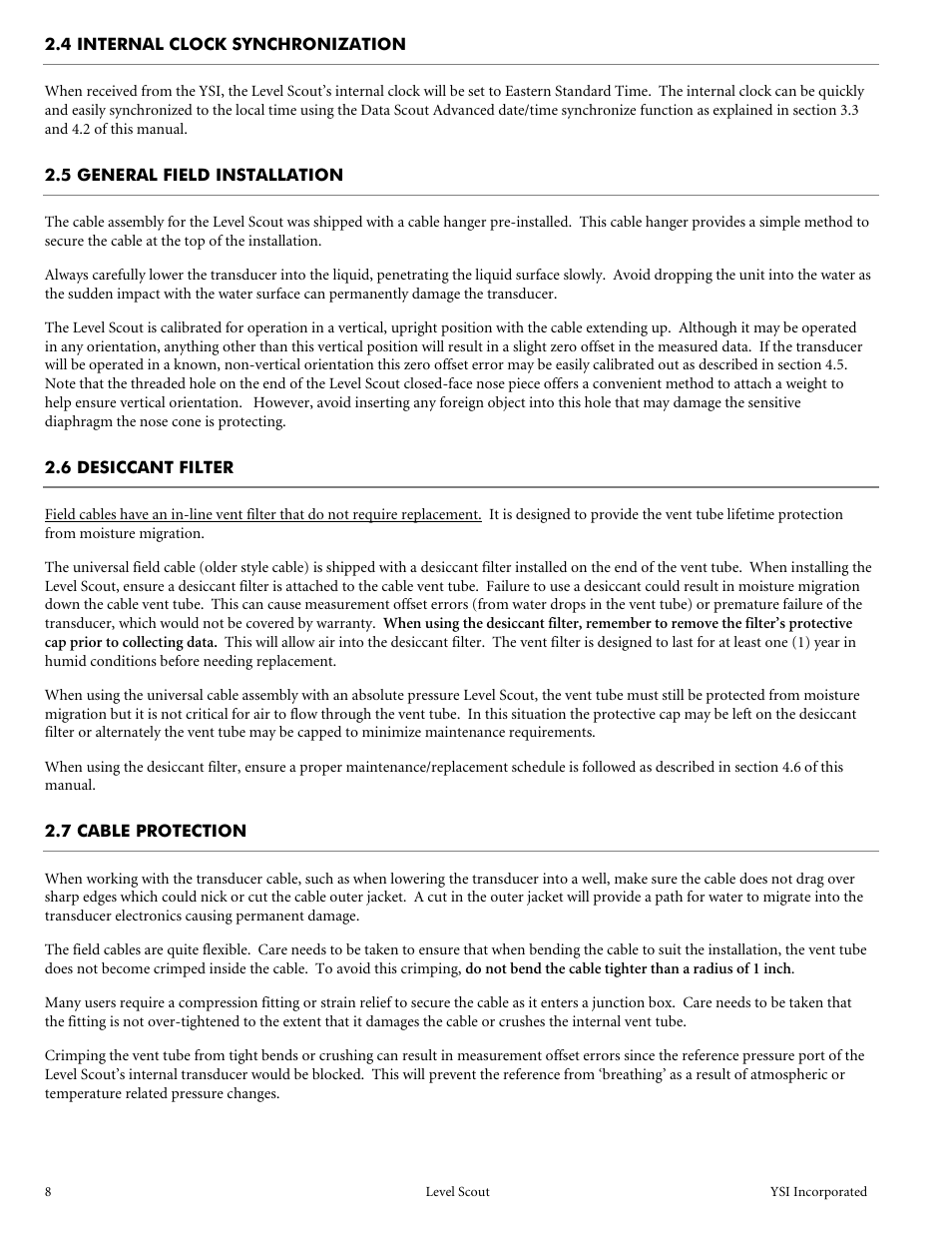 4 internal clock synchronization, 5 general field installation, 6 desiccant filter | 7 cable protection | YSI Level Scout User Manual | Page 10 / 54