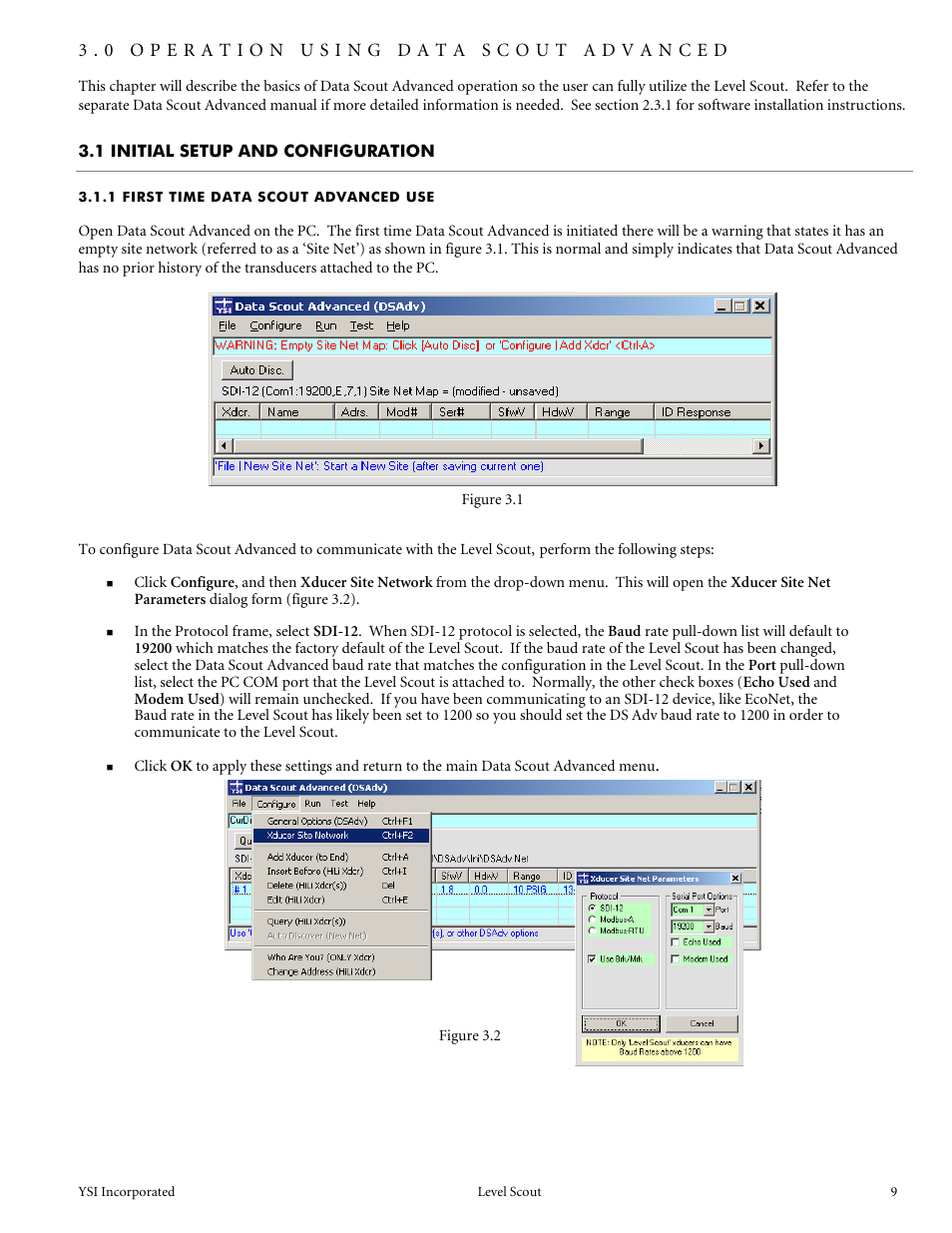 1 initial setup and configuration, 1 first time data scout advanced use, 0 operation using data scout advanced | YSI Level Scout User Manual | Page 11 / 54