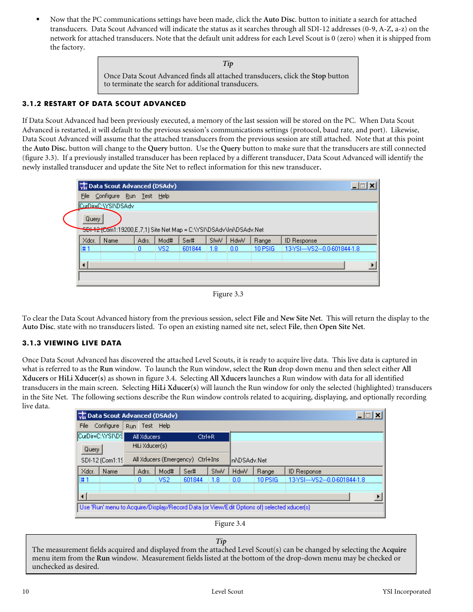 2 restart of data scout advanced, 3 viewing live data | YSI Level Scout User Manual | Page 12 / 54