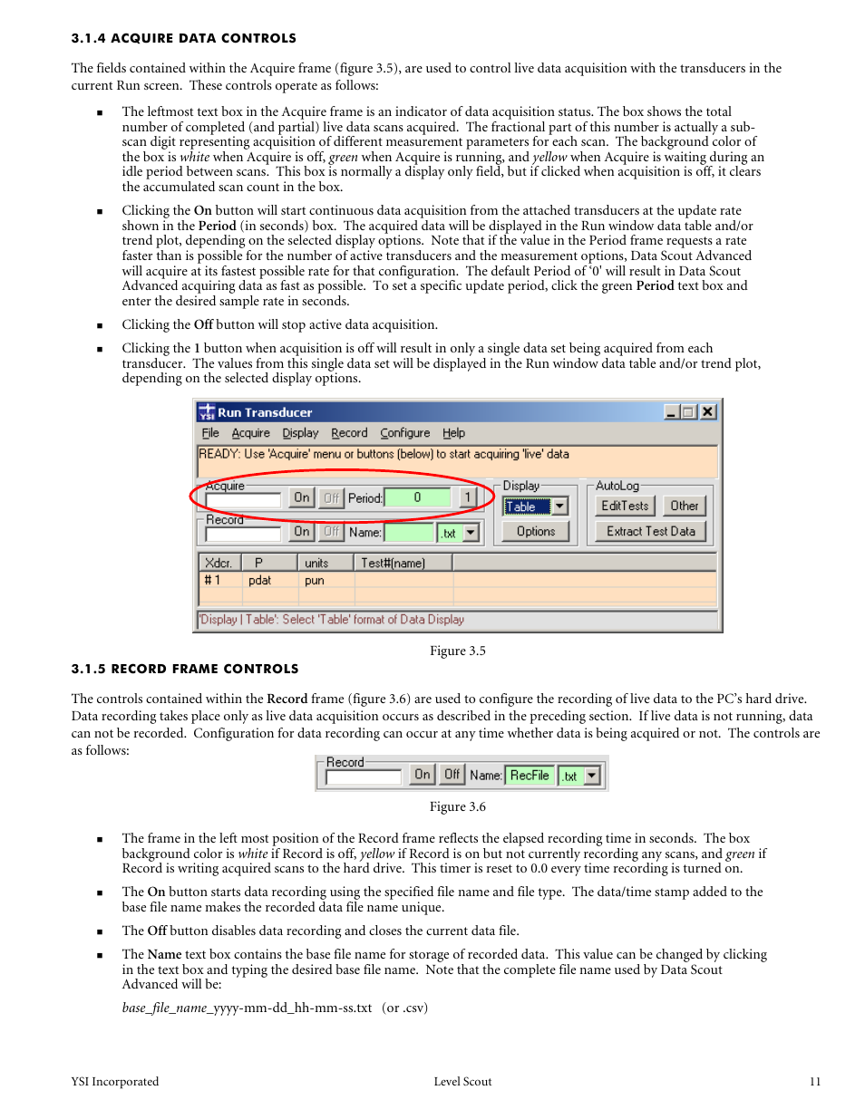4 acquire data controls, 5 record frame controls | YSI Level Scout User Manual | Page 13 / 54