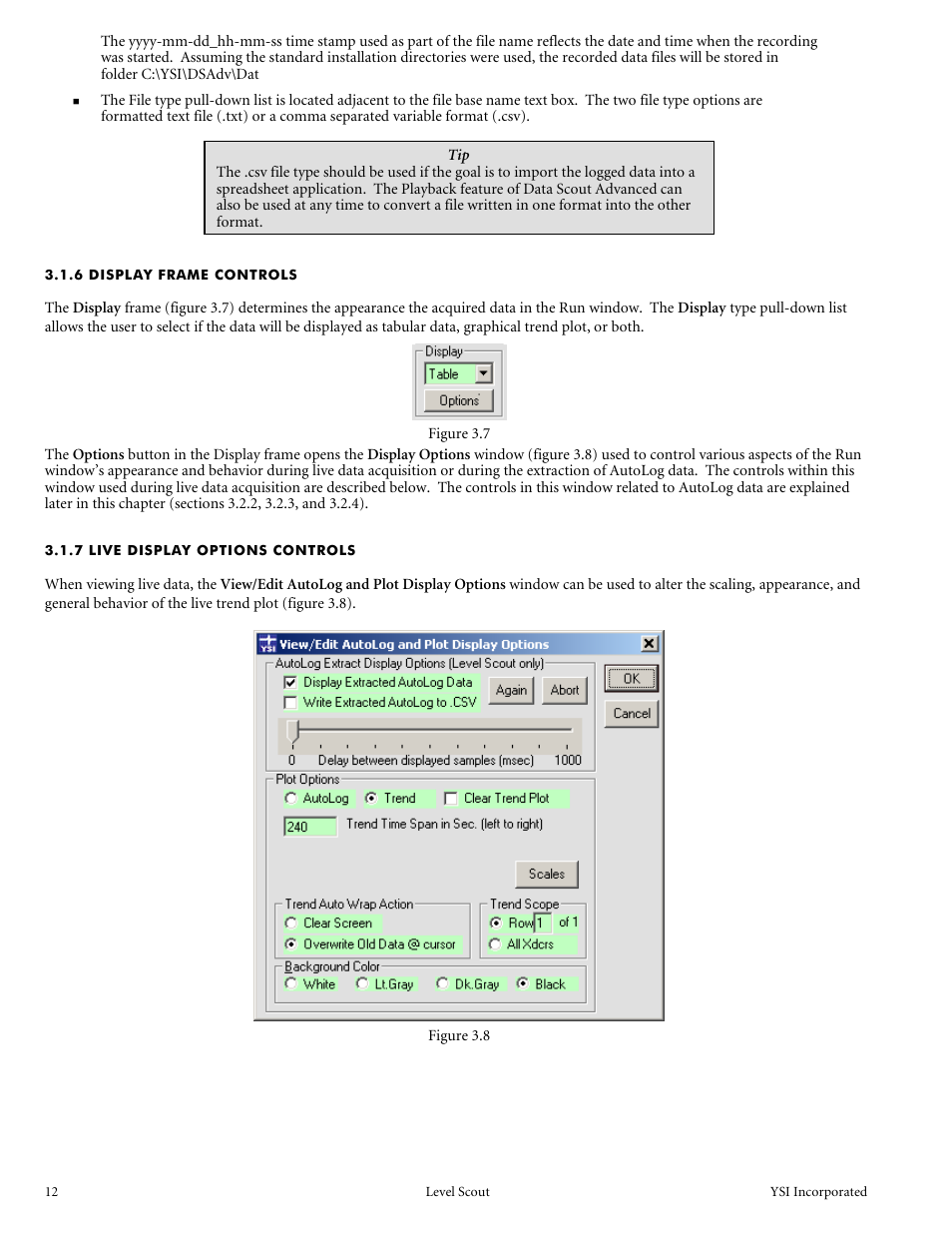 6 display frame controls, 7 live display options controls | YSI Level Scout User Manual | Page 14 / 54