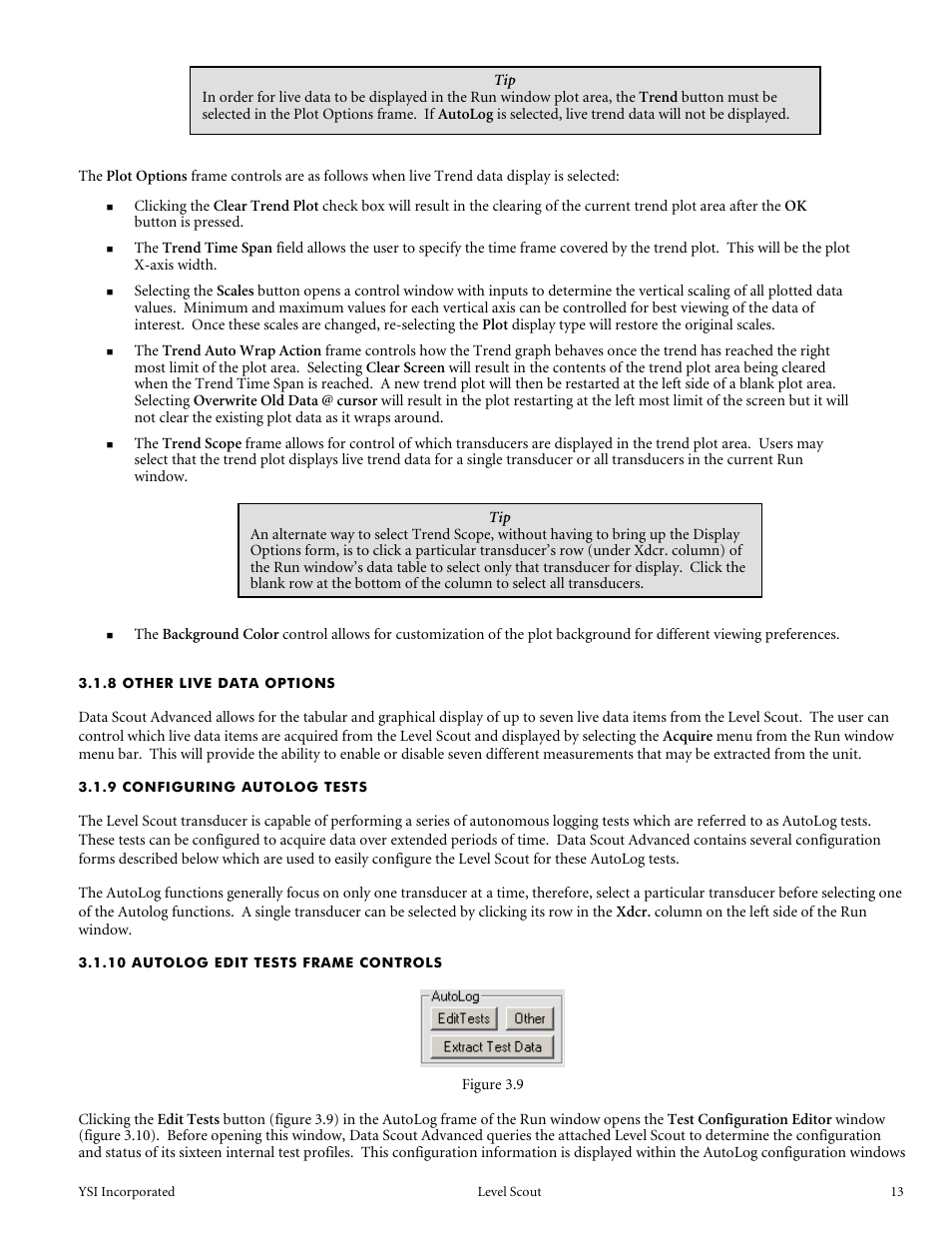 8 other live data options, 9 configuring autolog tests, 10 autolog edit tests frame controls | YSI Level Scout User Manual | Page 15 / 54