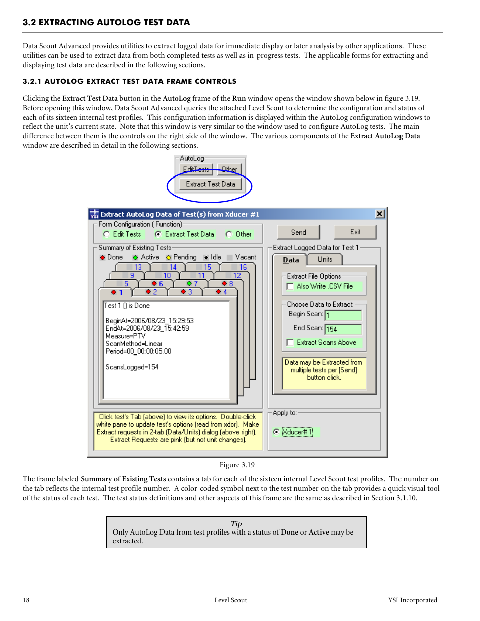 2 extracting autolog test data, 1 autolog extract test data frame controls | YSI Level Scout User Manual | Page 20 / 54