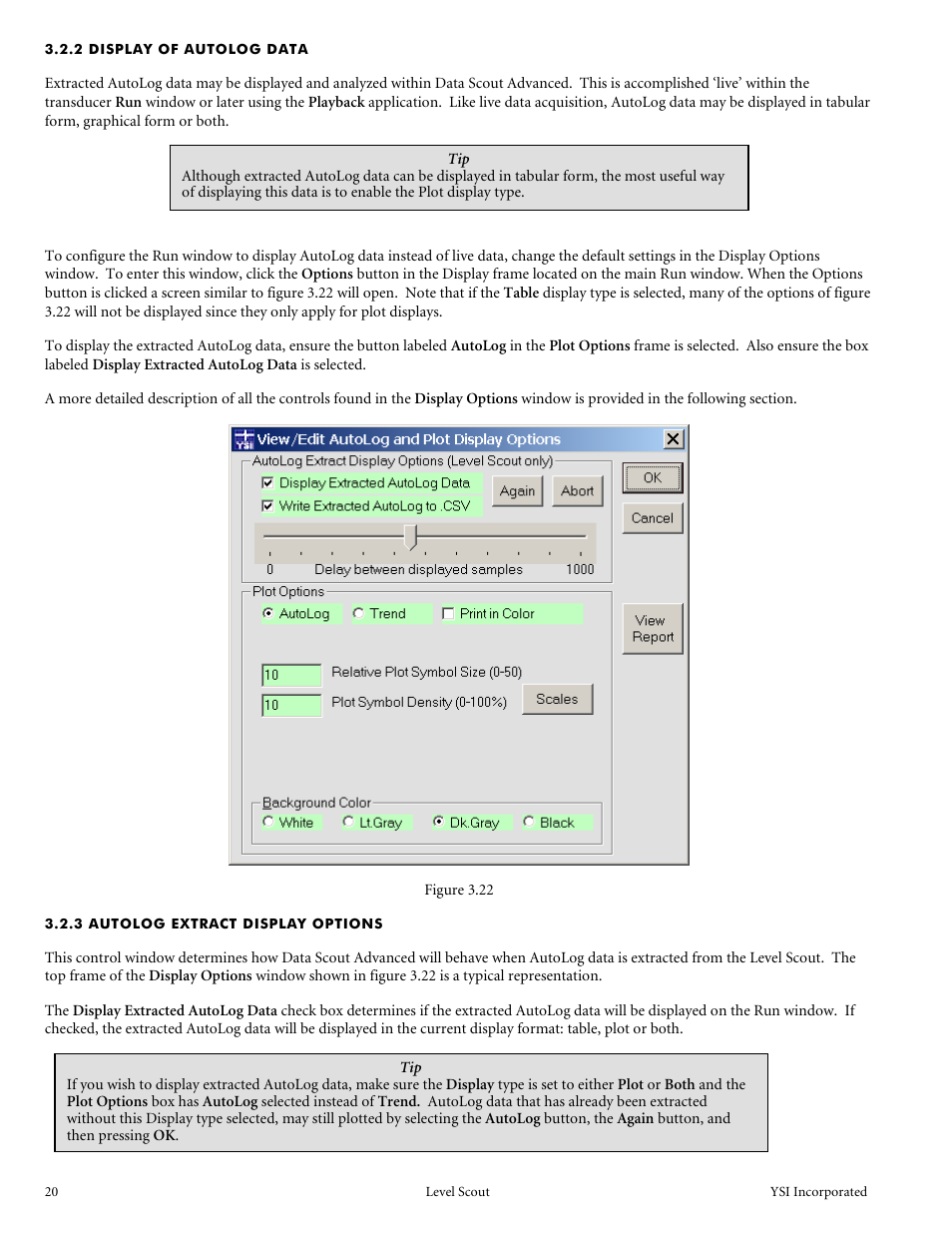 2 display of autolog data, 3 autolog extract display options | YSI Level Scout User Manual | Page 22 / 54