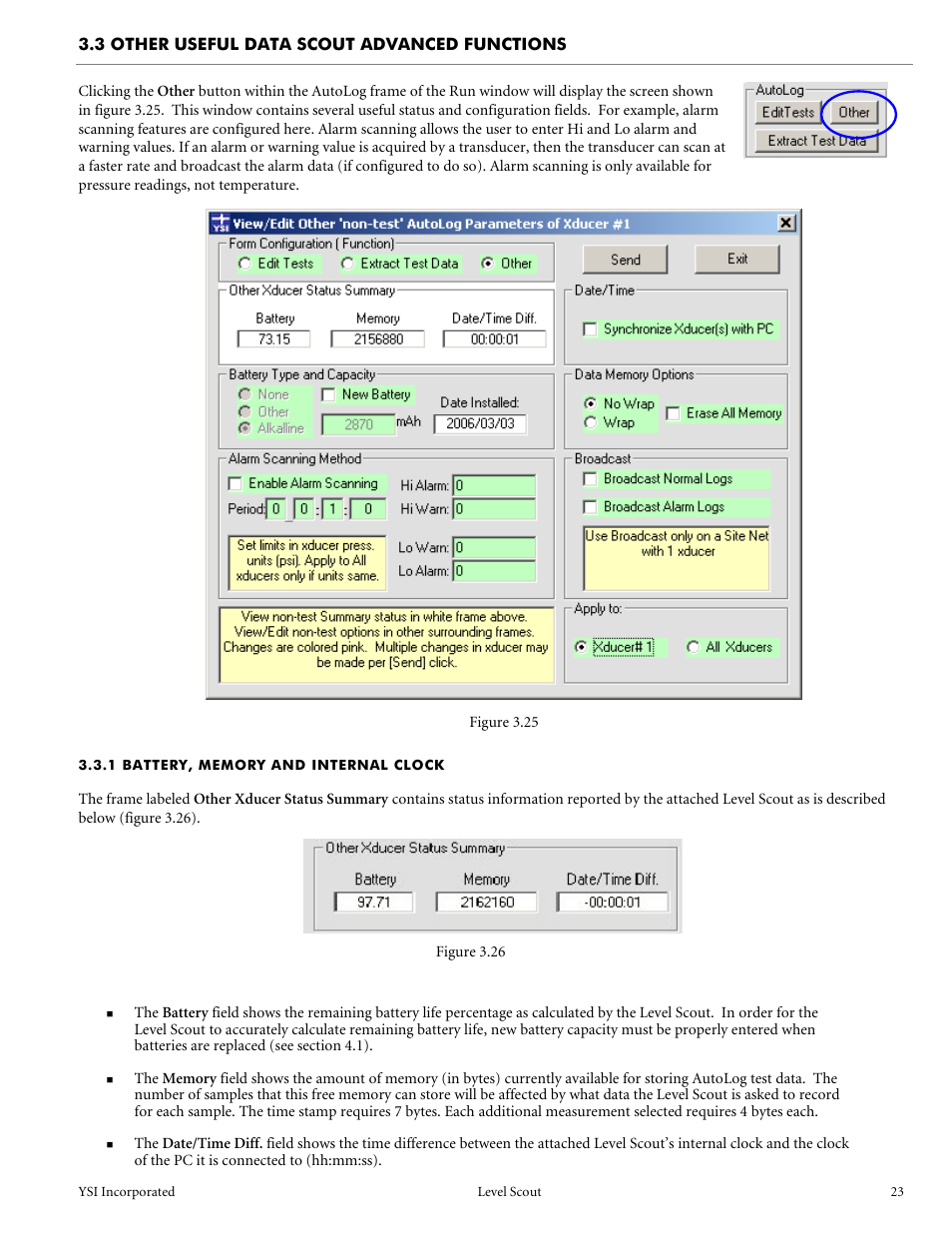 3 other useful data scout advanced functions, 1 battery, memory and internal clock | YSI Level Scout User Manual | Page 25 / 54