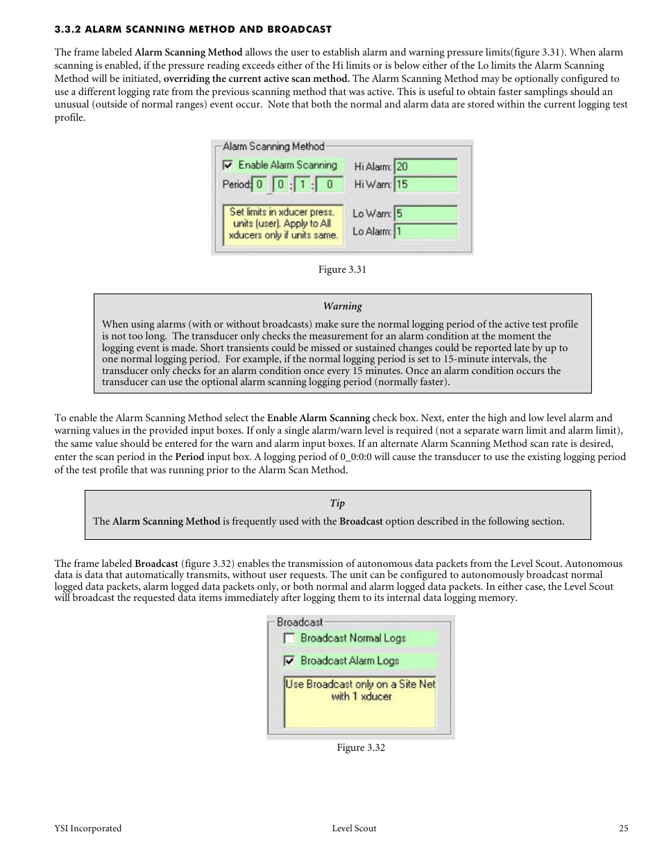 2 alarm scanning method and broadcast | YSI Level Scout User Manual | Page 27 / 54