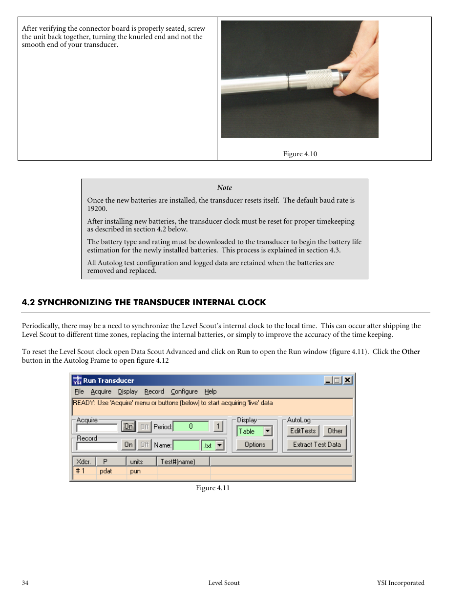 2 synchronizing the transducer internal clock | YSI Level Scout User Manual | Page 36 / 54
