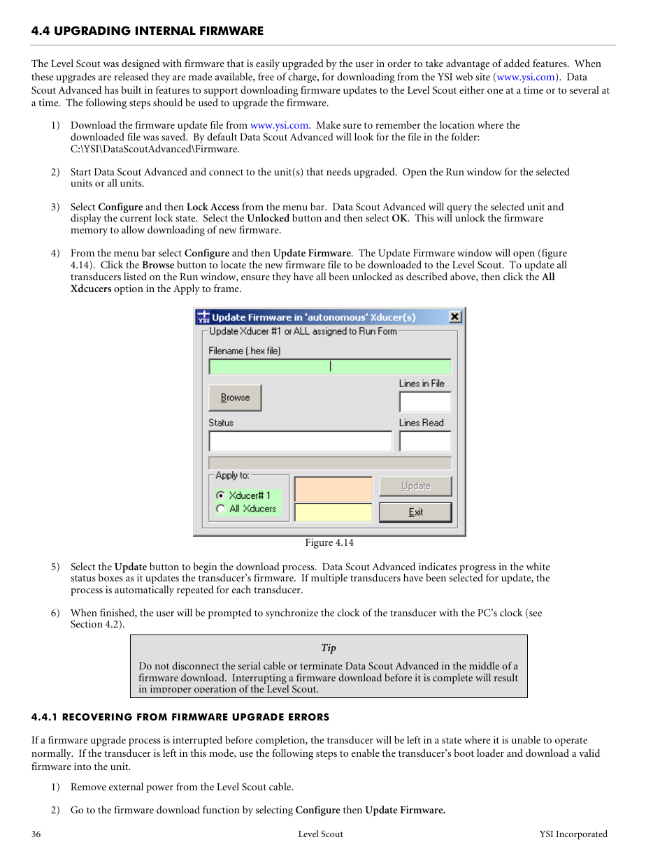 4 upgrading internal firmware, 1 recovering from firmware upgrade errors | YSI Level Scout User Manual | Page 38 / 54