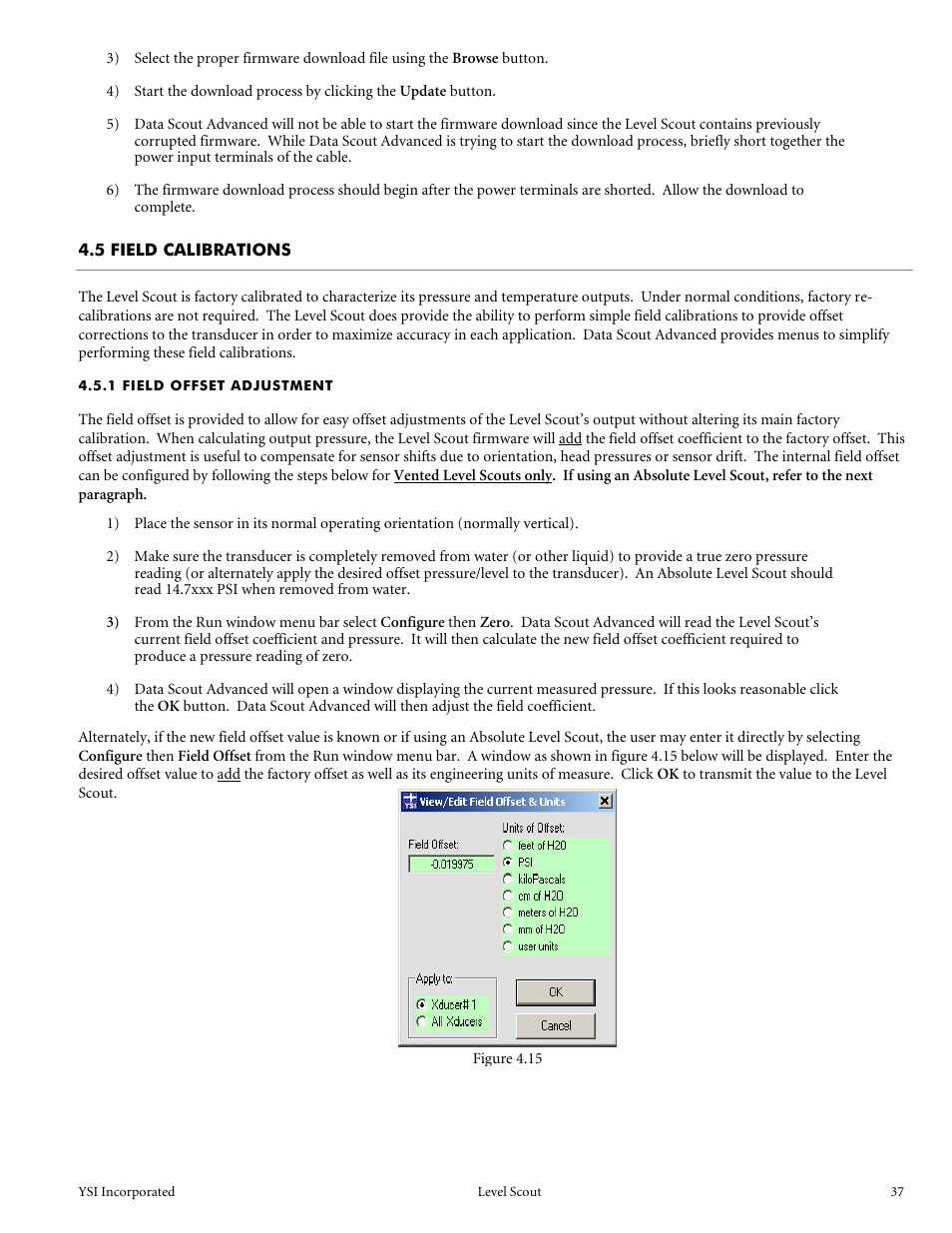5 field calibrations, 1 field offset adjustment | YSI Level Scout User Manual | Page 39 / 54