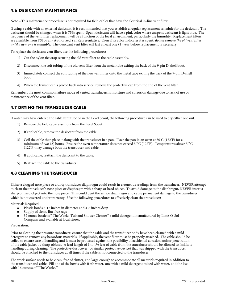 7 drying the transducer cable, 8 cleaning the transducer, 6 desiccant maintenance | YSI Level Scout User Manual | Page 40 / 54