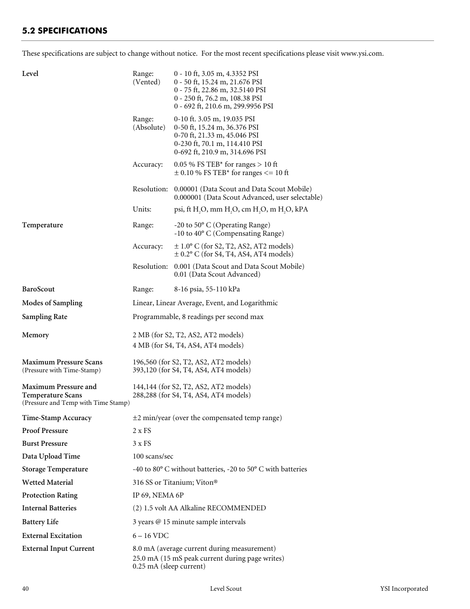 2 specifications | YSI Level Scout User Manual | Page 42 / 54