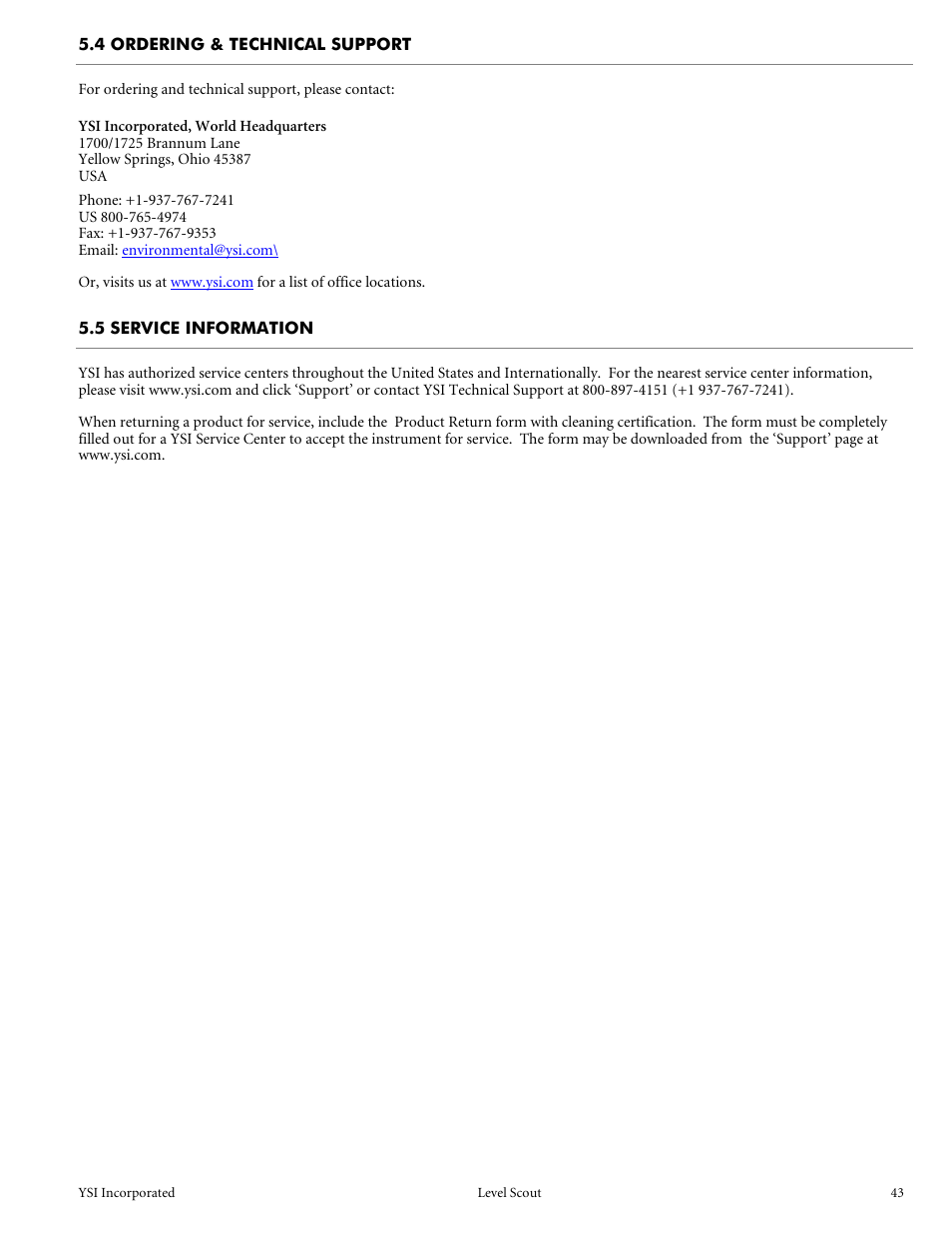 4 ordering & technical support, 5 service information | YSI Level Scout User Manual | Page 45 / 54