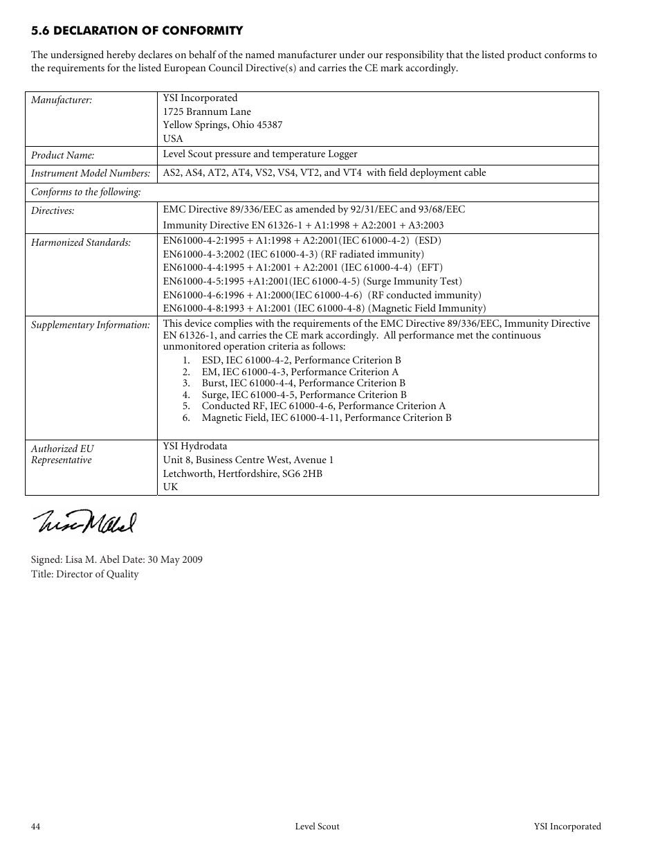 6 declaration of conformity | YSI Level Scout User Manual | Page 46 / 54