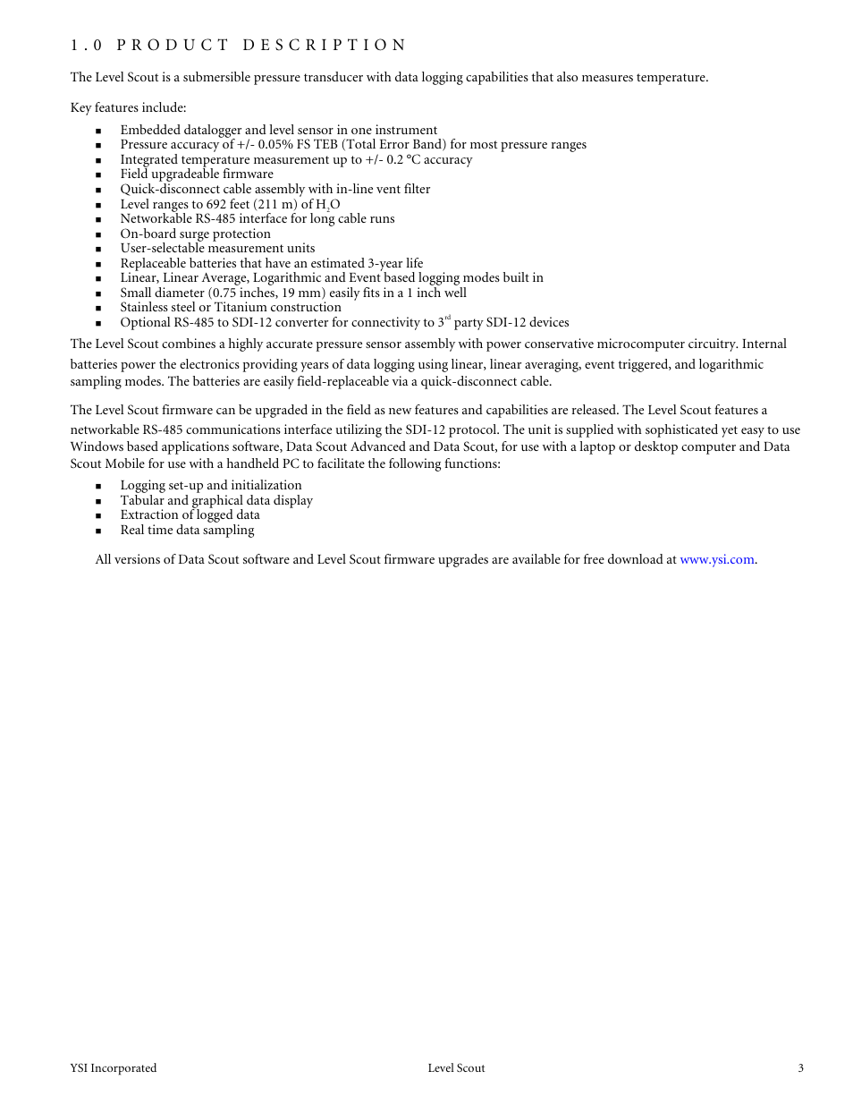 0 product description | YSI Level Scout User Manual | Page 5 / 54