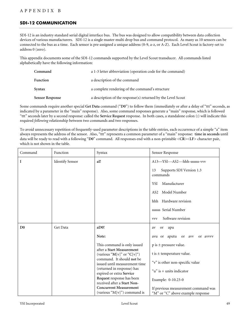Sdi-12 communication | YSI Level Scout User Manual | Page 51 / 54