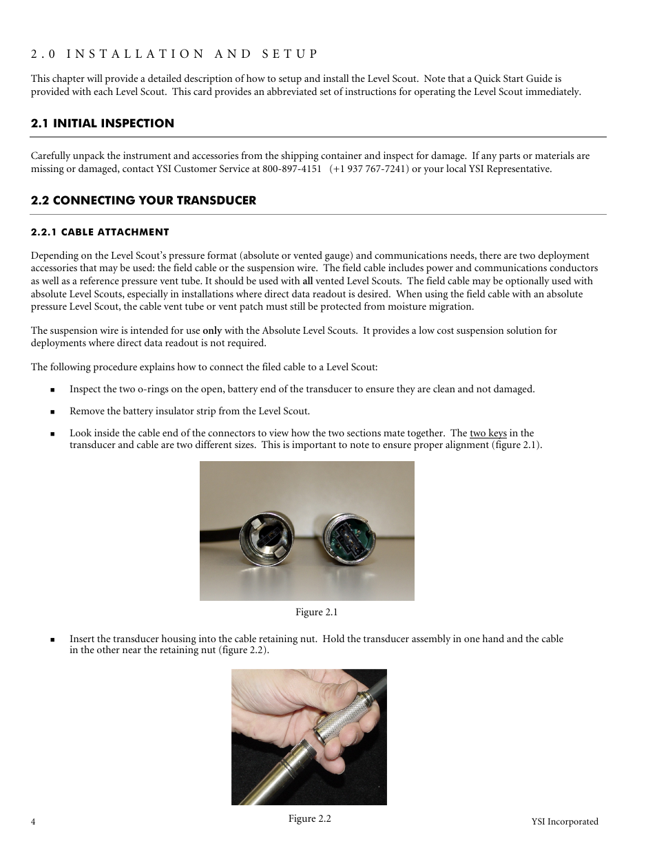 1 initial inspection, 2 connecting your transducer, 1 cable attachment | 0 installation and setup | YSI Level Scout User Manual | Page 6 / 54