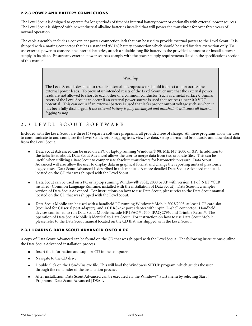 3 power and battery connections, 1 loading data scout advanced onto a pc, 3 level scout software | YSI Level Scout User Manual | Page 9 / 54
