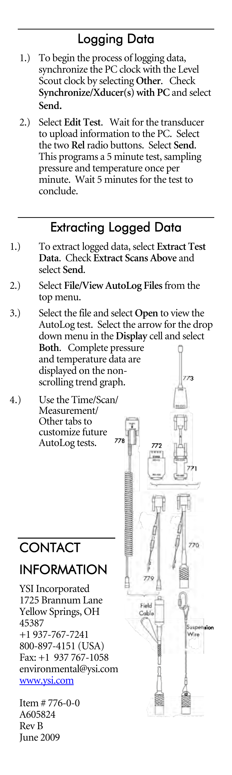 Logging data, Extracting logged data, Contact information | YSI Level Scout User Manual | Page 2 / 2