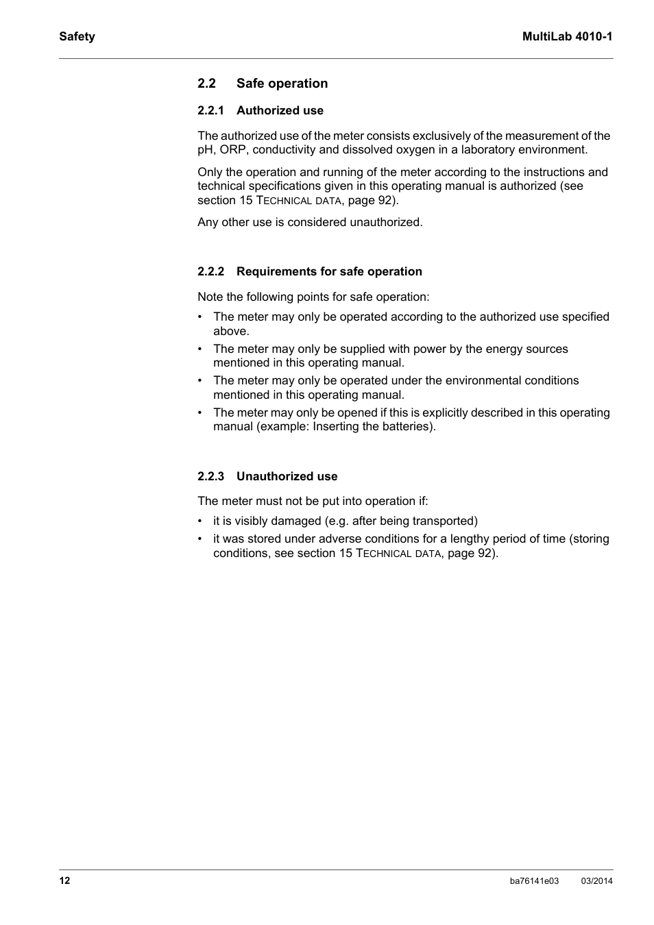 2 safe operation, 1 authorized use, 2 requirements for safe operation | 3 unauthorized use, Safe operation, Authorized use, Requirements for safe operation, Unauthorized use | YSI MultiLab 4010P-1 User Manual | Page 12 / 108