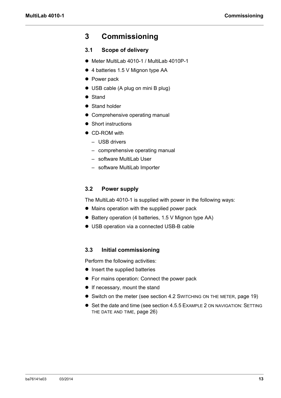 3 commissioning, 1 scope of delivery, 2 power supply | 3 initial commissioning, Commissioning, Scope of delivery, Power supply, Initial commissioning, 3commissioning | YSI MultiLab 4010P-1 User Manual | Page 13 / 108