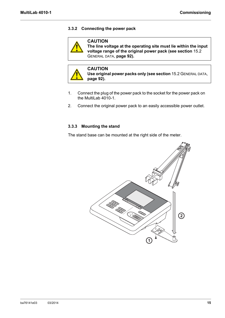 2 connecting the power pack, 3 mounting the stand, Connecting the power pack | Mounting the stand | YSI MultiLab 4010P-1 User Manual | Page 15 / 108