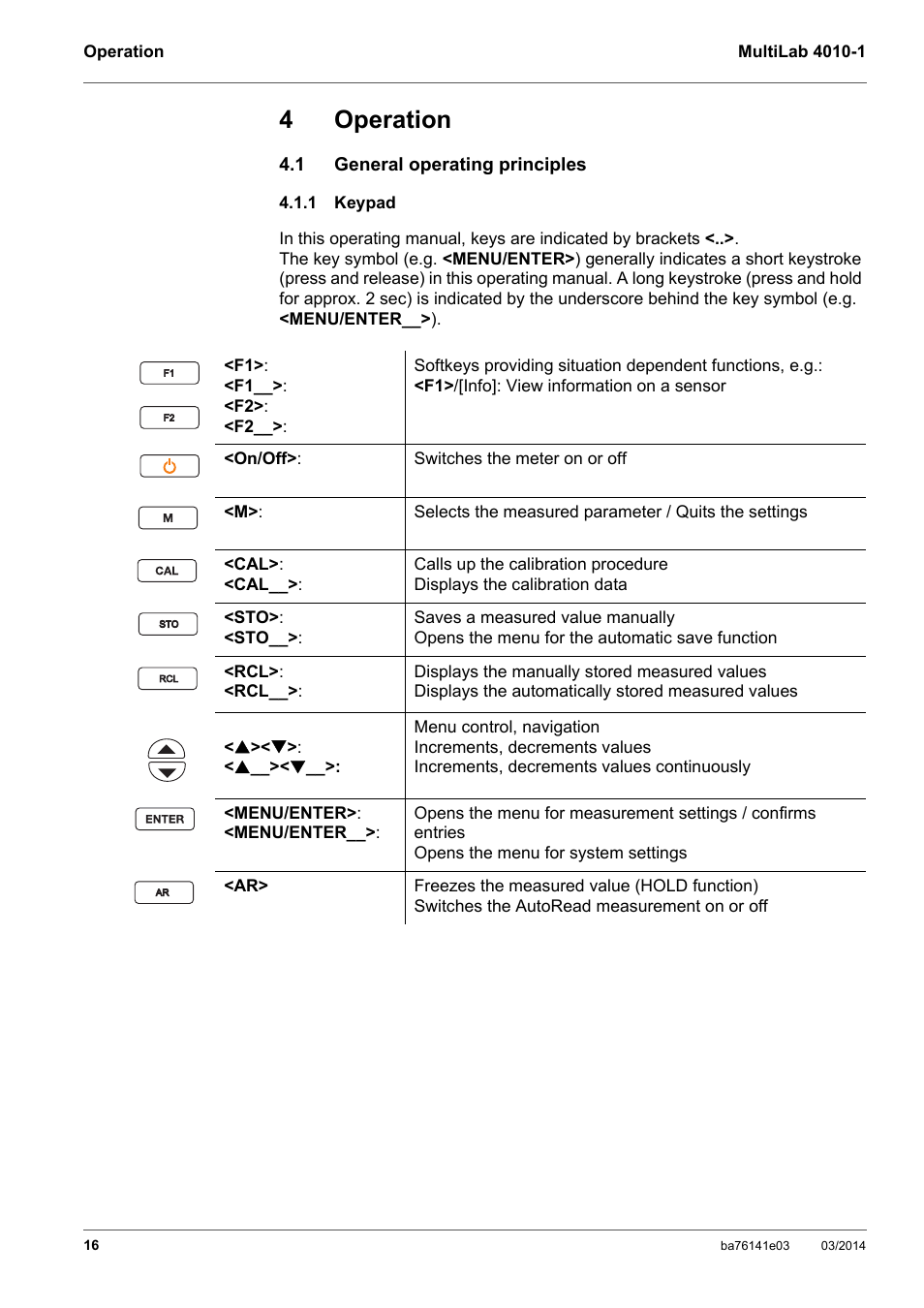 4 operation, 1 general operating principles, 1 keypad | Operation, General operating principles, Keypad, 4operation | YSI MultiLab 4010P-1 User Manual | Page 16 / 108