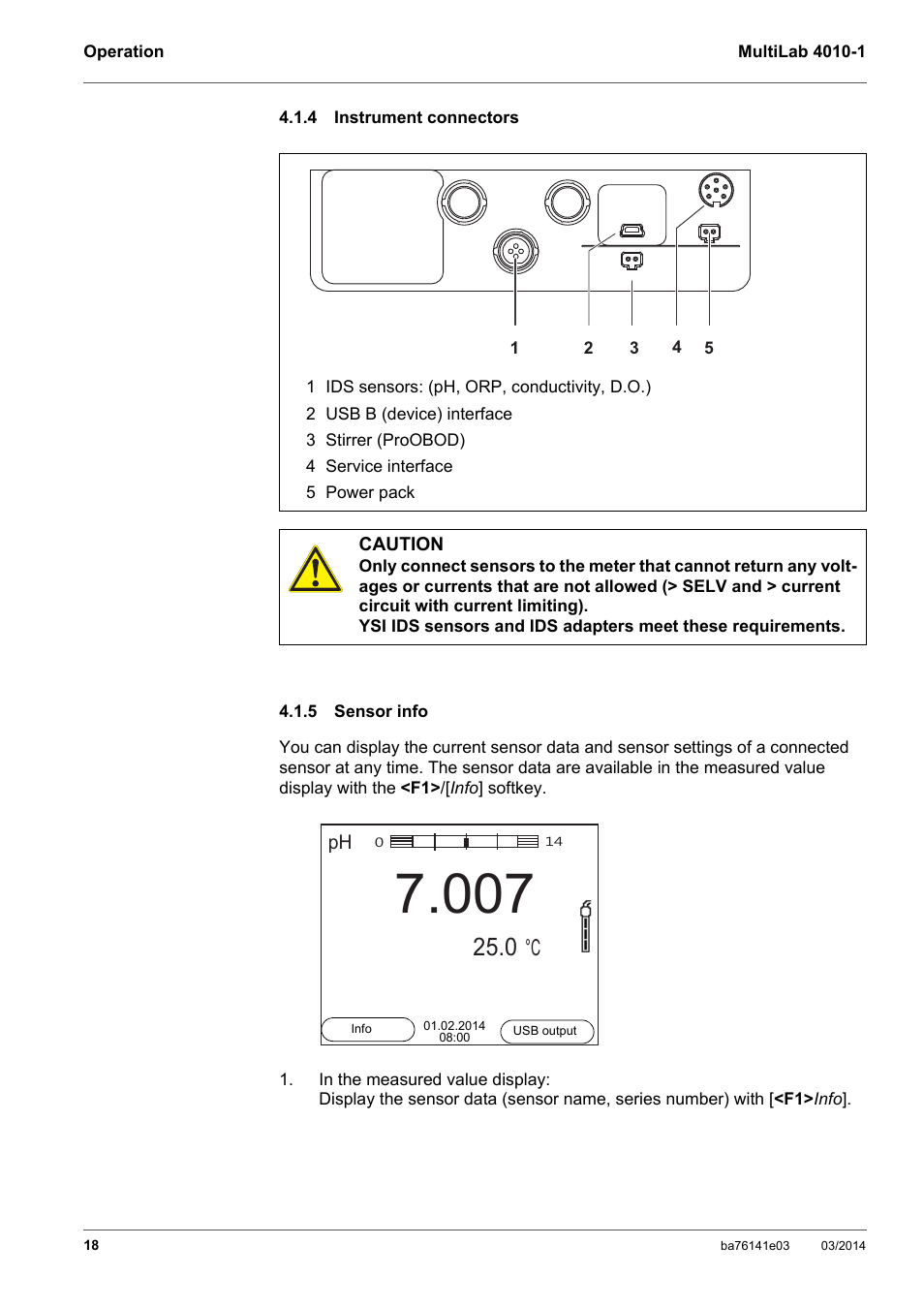 4 instrument connectors, 5 sensor info, Instrument connectors | Sensor info, Section 4.1.5 s, Ensor, Info | YSI MultiLab 4010P-1 User Manual | Page 18 / 108