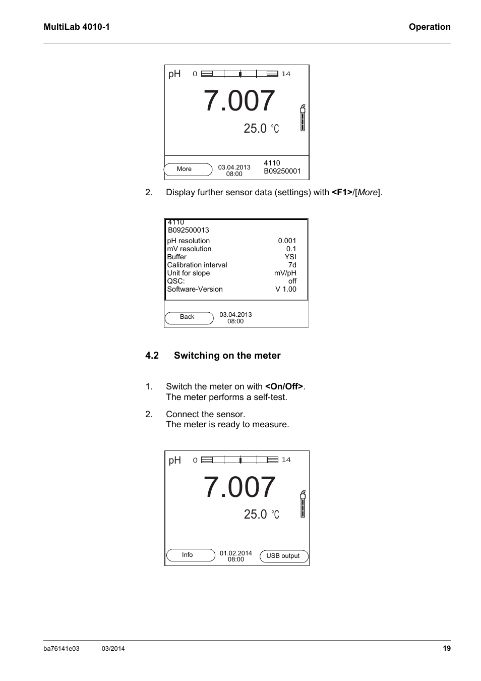 2 switching on the meter, Switching on the meter, Section 4.2 s | Witching, Meter | YSI MultiLab 4010P-1 User Manual | Page 19 / 108