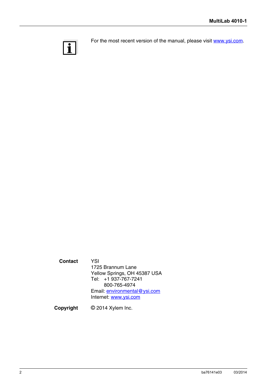 YSI MultiLab 4010P-1 User Manual | Page 2 / 108