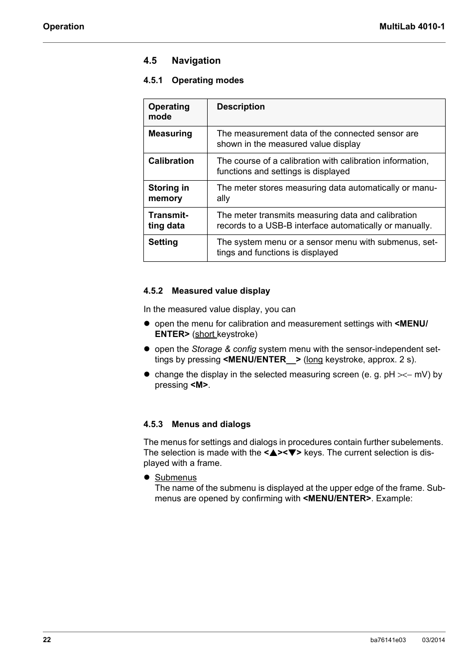 5 navigation, 1 operating modes, 2 measured value display | 3 menus and dialogs, Navigation, Operating modes, Measured value display, Menus and dialogs | YSI MultiLab 4010P-1 User Manual | Page 22 / 108