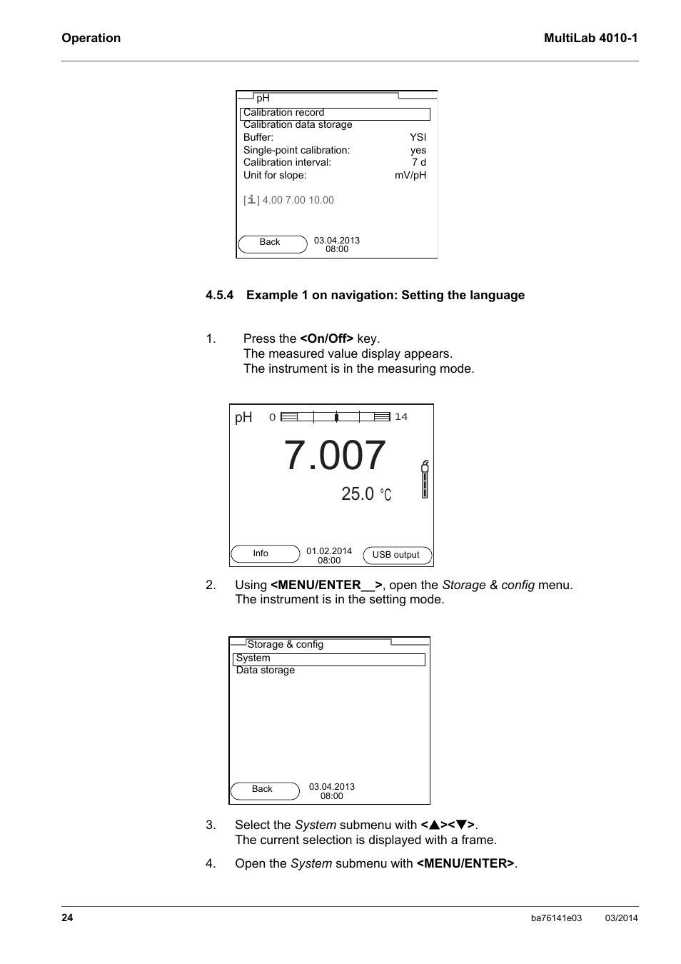 4 example 1 on navigation: setting the language, Example 1 on navigation: setting the language | YSI MultiLab 4010P-1 User Manual | Page 24 / 108