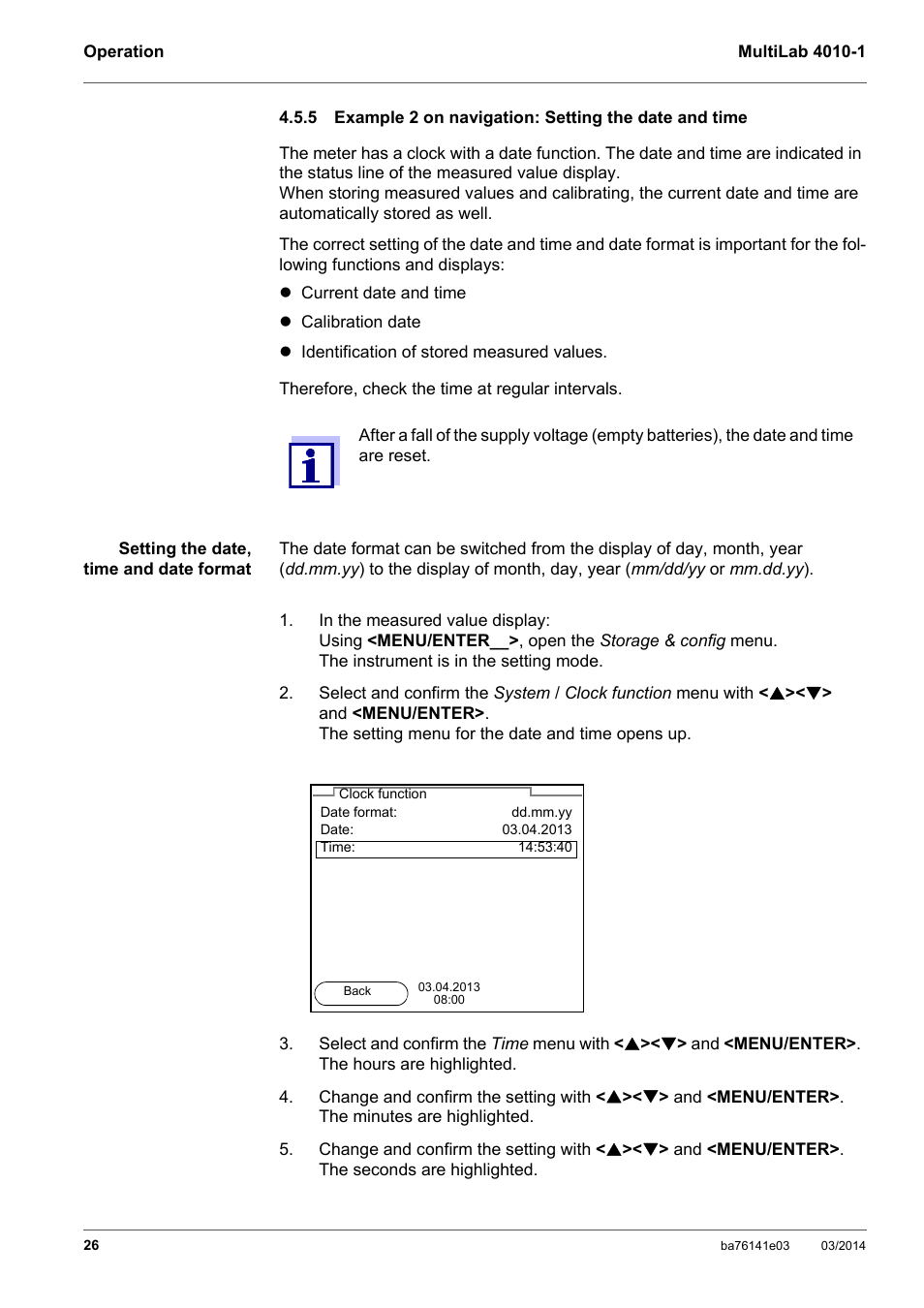 Example 2 on navigation: setting the date and time, Nd time (see section 4.5.5 e, Xample | Navigation, Etting, Date, Time, Section 4.5.5 e | YSI MultiLab 4010P-1 User Manual | Page 26 / 108