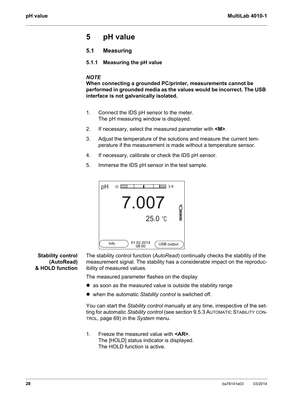 5 ph value, 1 measuring, 1 measuring the ph value | Ph value, Measuring, Measuring the ph value, 5ph value | YSI MultiLab 4010P-1 User Manual | Page 28 / 108