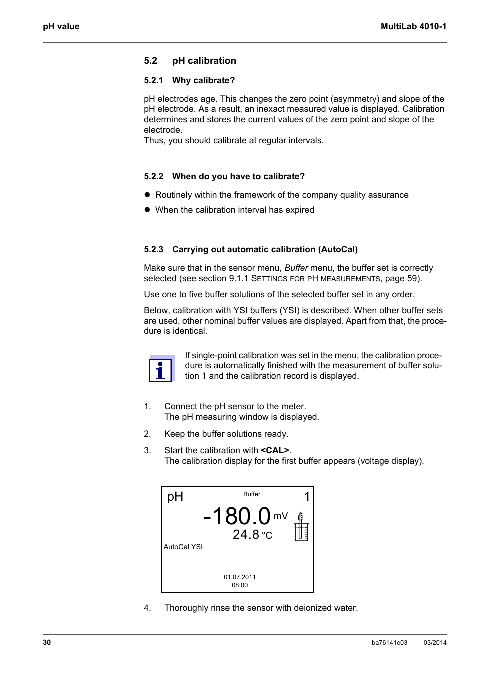 2 ph calibration, 1 why calibrate, 2 when do you have to calibrate | 3 carrying out automatic calibration (autocal), Ph calibration, Why calibrate, When do you have to calibrate, Carrying out automatic calibration (autocal), Ph 1 | YSI MultiLab 4010P-1 User Manual | Page 30 / 108