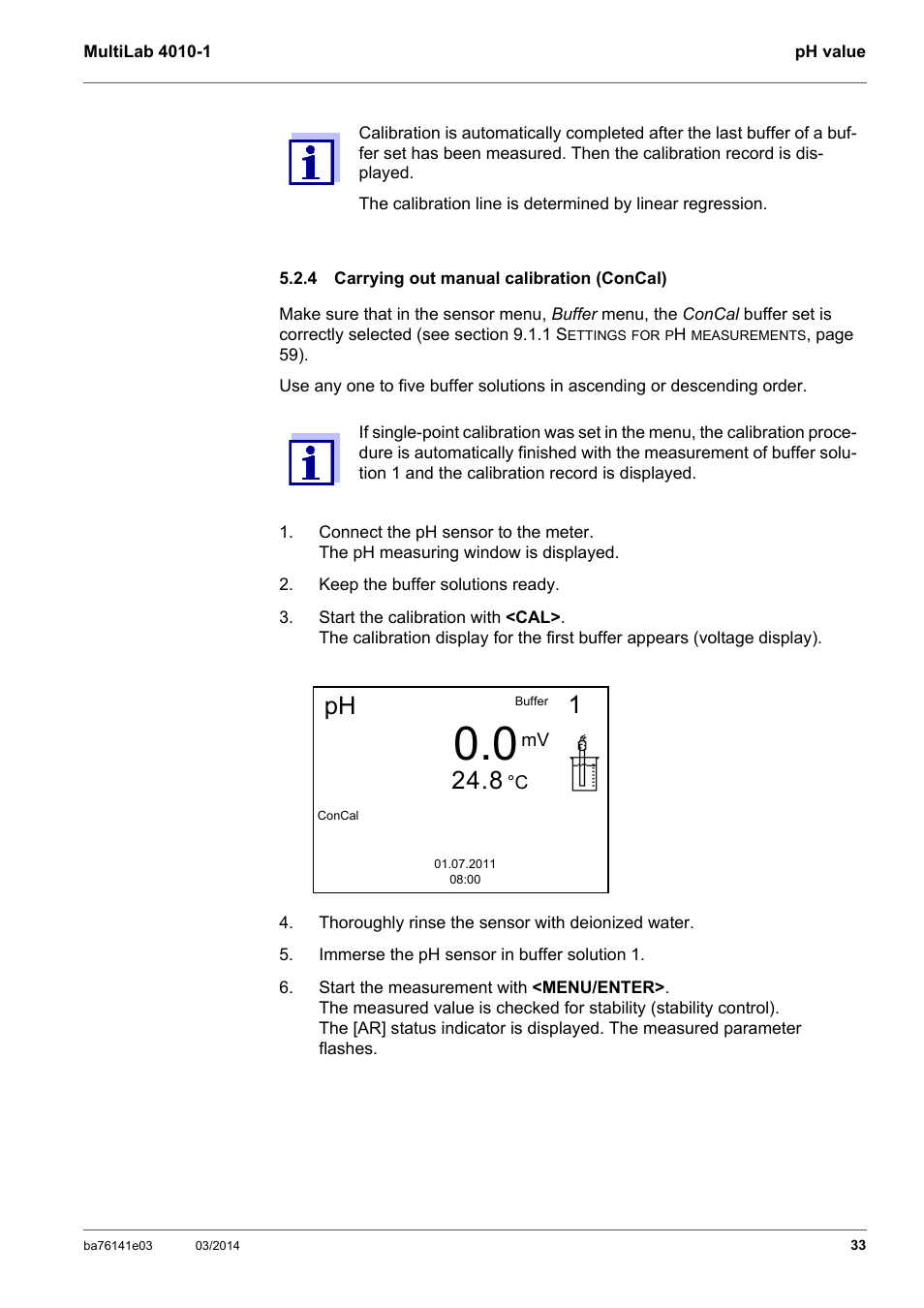4 carrying out manual calibration (concal), Carrying out manual calibration (concal) | YSI MultiLab 4010P-1 User Manual | Page 33 / 108