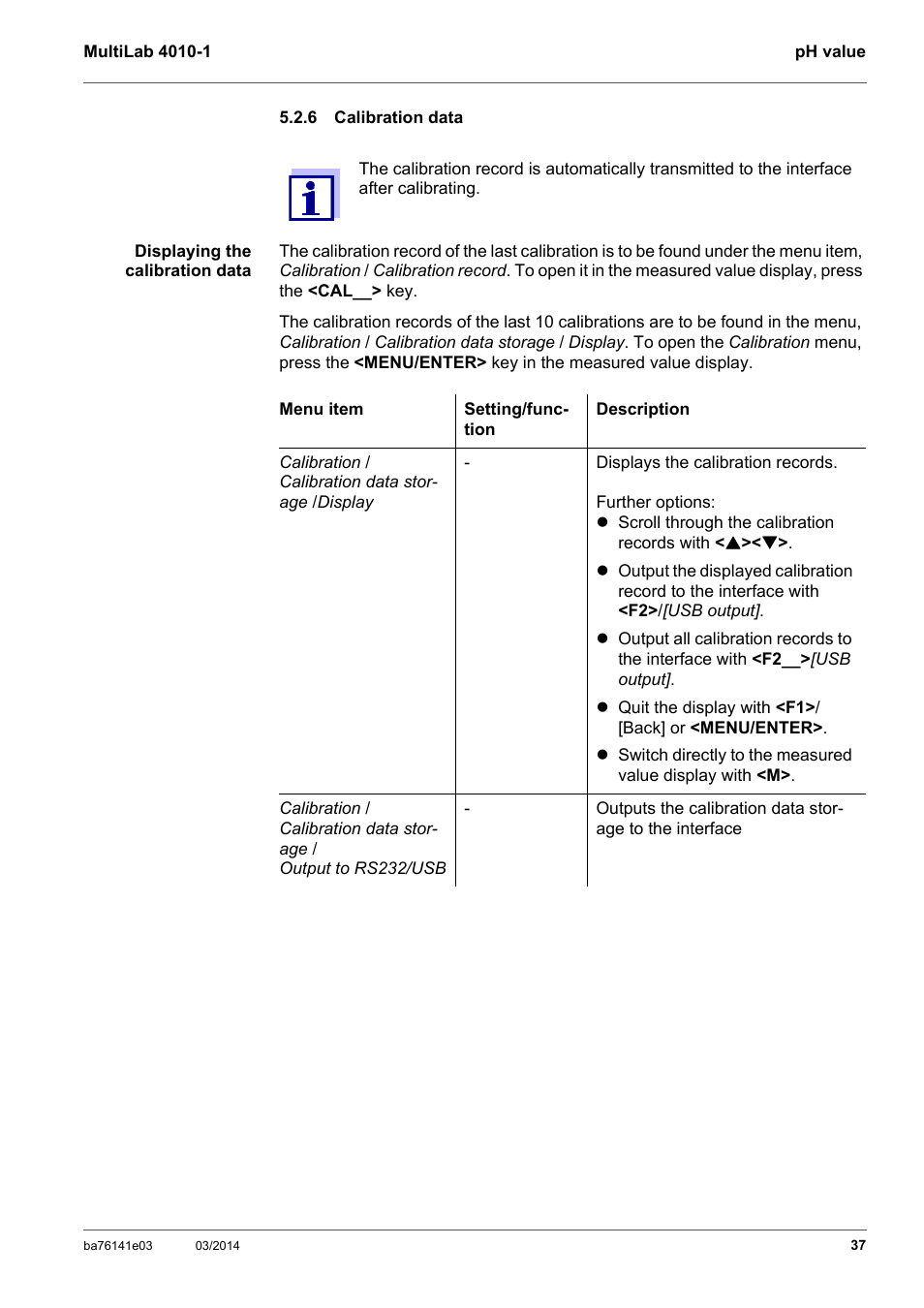 6 calibration data, Calibration data | YSI MultiLab 4010P-1 User Manual | Page 37 / 108