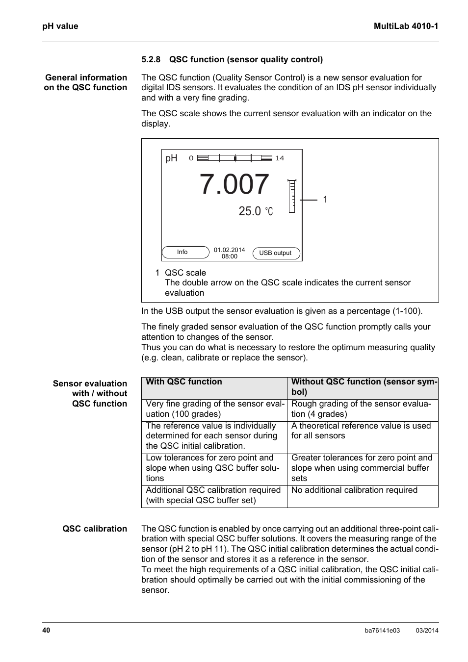 8 qsc function (sensor quality control), Qsc function (sensor quality control), See section 5.2.8 qsc | Function, Sensor, Quality, Control | YSI MultiLab 4010P-1 User Manual | Page 40 / 108