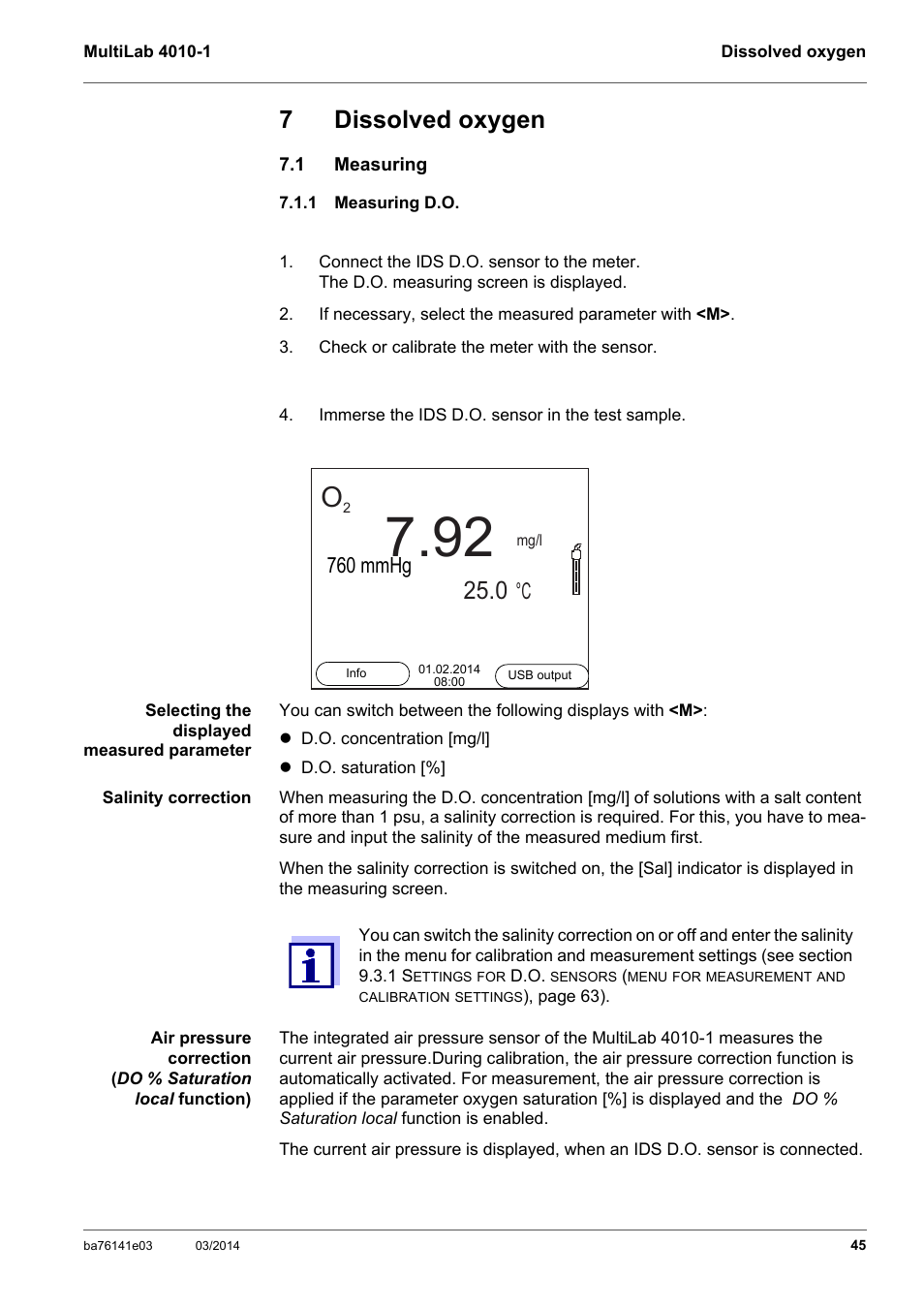 7 dissolved oxygen, 1 measuring, 1 measuring d.o | Dissolved oxygen, Measuring, Measuring d.o, 7dissolved oxygen, 760 mmhg | YSI MultiLab 4010P-1 User Manual | Page 45 / 108