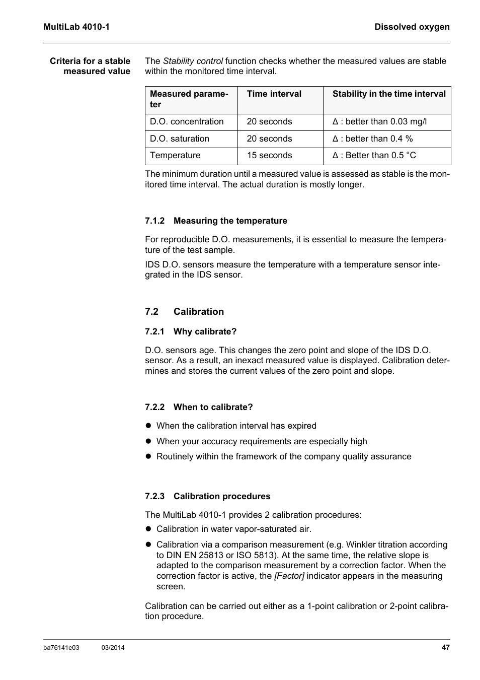 2 measuring the temperature, 2 calibration, 1 why calibrate | 2 when to calibrate, 3 calibration procedures, Measuring the temperature, Calibration, Why calibrate, When to calibrate, Calibration procedures | YSI MultiLab 4010P-1 User Manual | Page 47 / 108