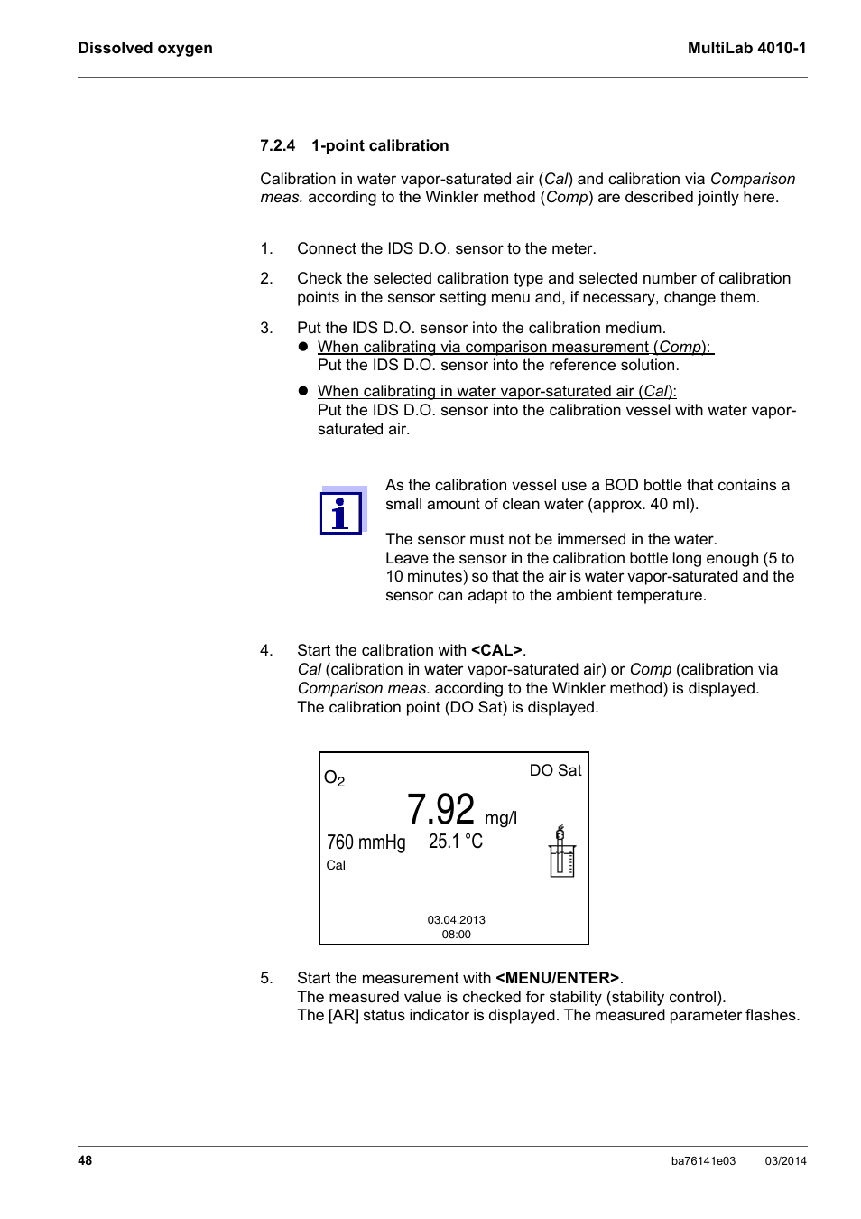 4 1-point calibration, Point calibration | YSI MultiLab 4010P-1 User Manual | Page 48 / 108