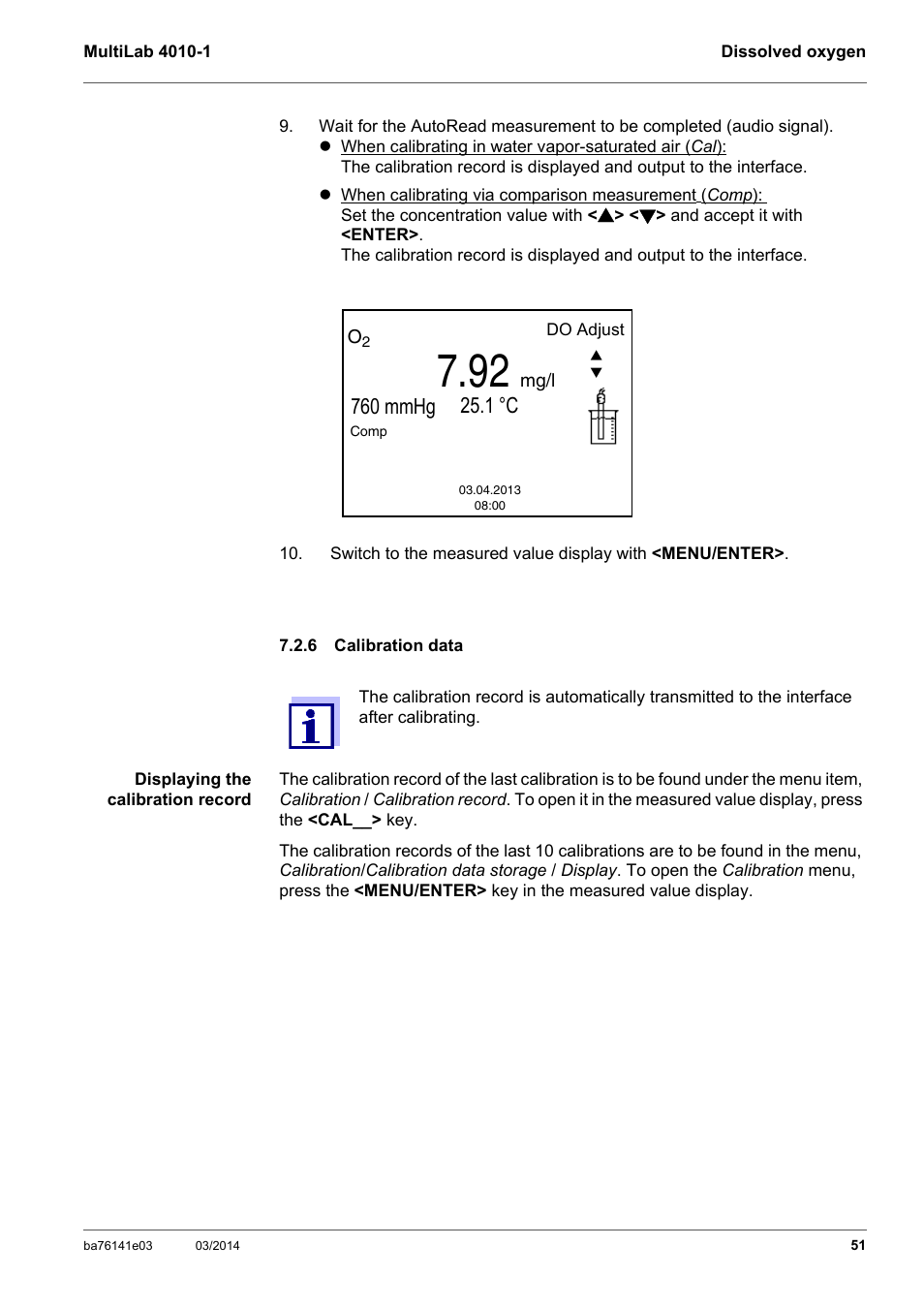 6 calibration data, Calibration data | YSI MultiLab 4010P-1 User Manual | Page 51 / 108