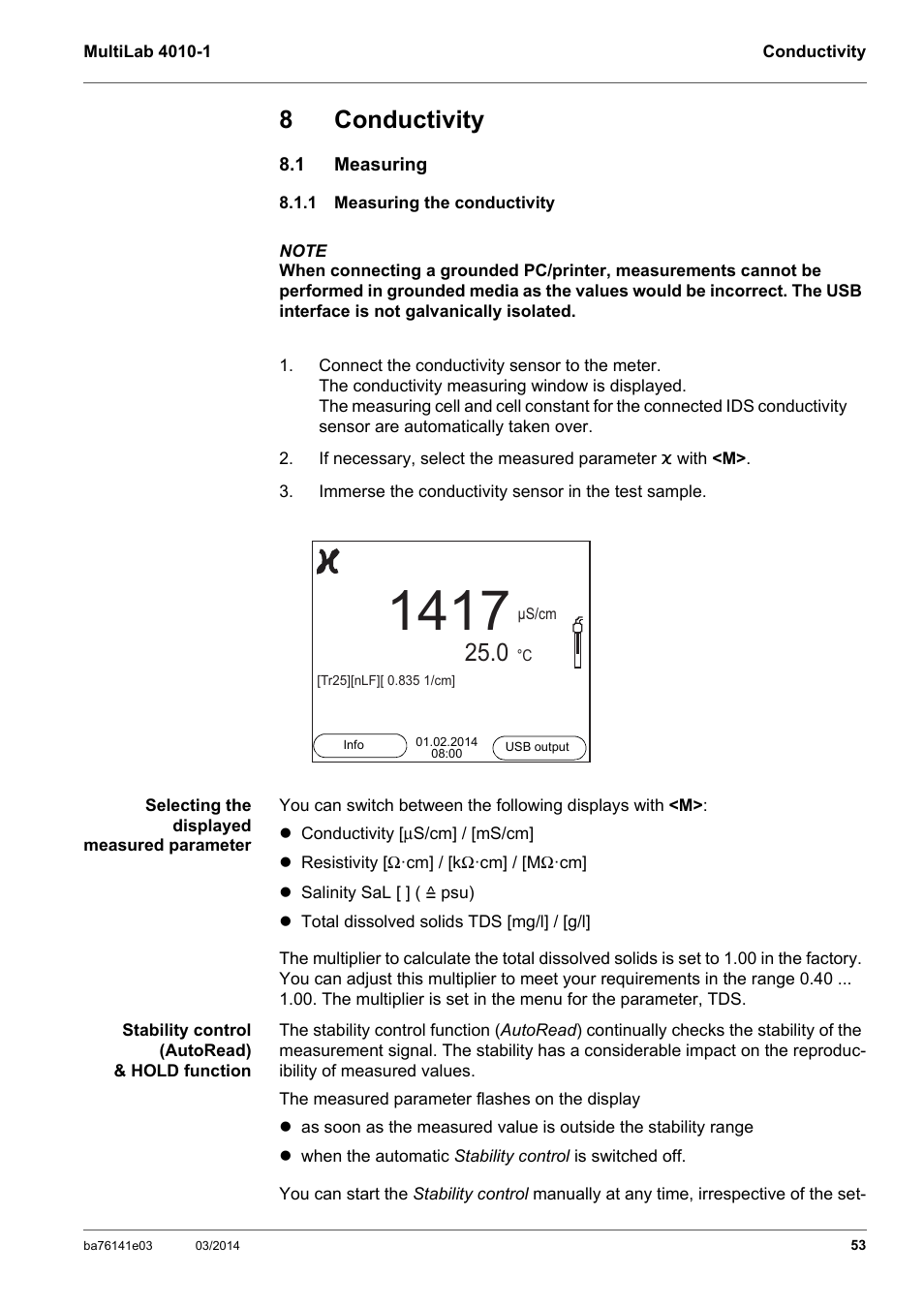 8 conductivity, 1 measuring, 1 measuring the conductivity | Conductivity, Measuring, Measuring the conductivity, 8conductivity | YSI MultiLab 4010P-1 User Manual | Page 53 / 108